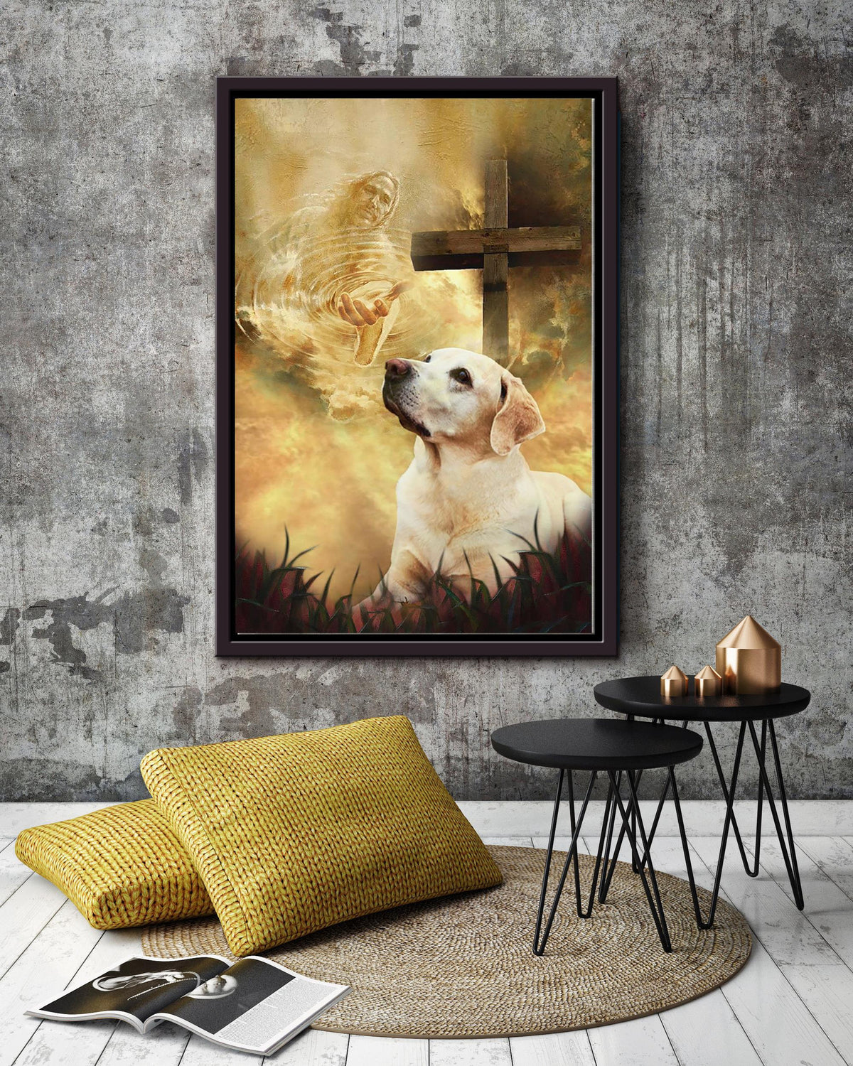 Labrador Retrievers Dog And Crucifix Religious Wall Art For Home Decor Gift For Christian Framed Matte Canvas Framed Prints, Canvas
