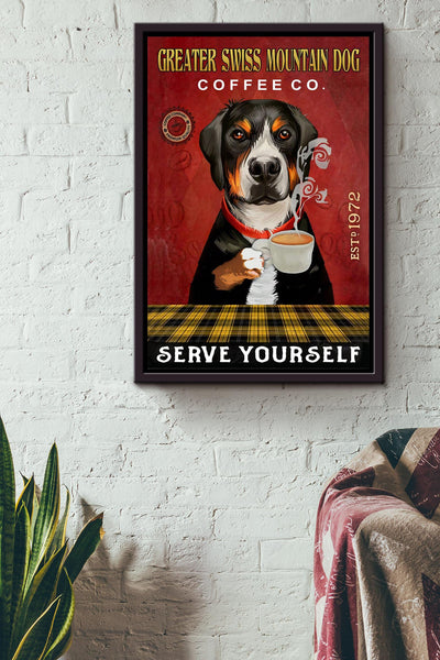 Greater Swoss Mountain Dog Animal Wall Art Gift For Dog Lover, Cafe Decor, Coffee Addict Framed Canvas Framed Prints, Canvas