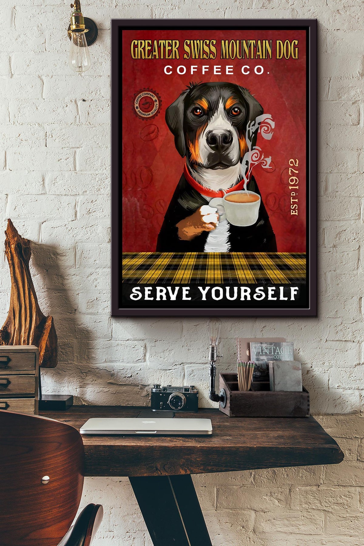 Greater Swoss Mountain Dog Animal Wall Art Gift For Dog Lover, Cafe Decor, Coffee Addict Framed Canvas Framed Prints, Canvas