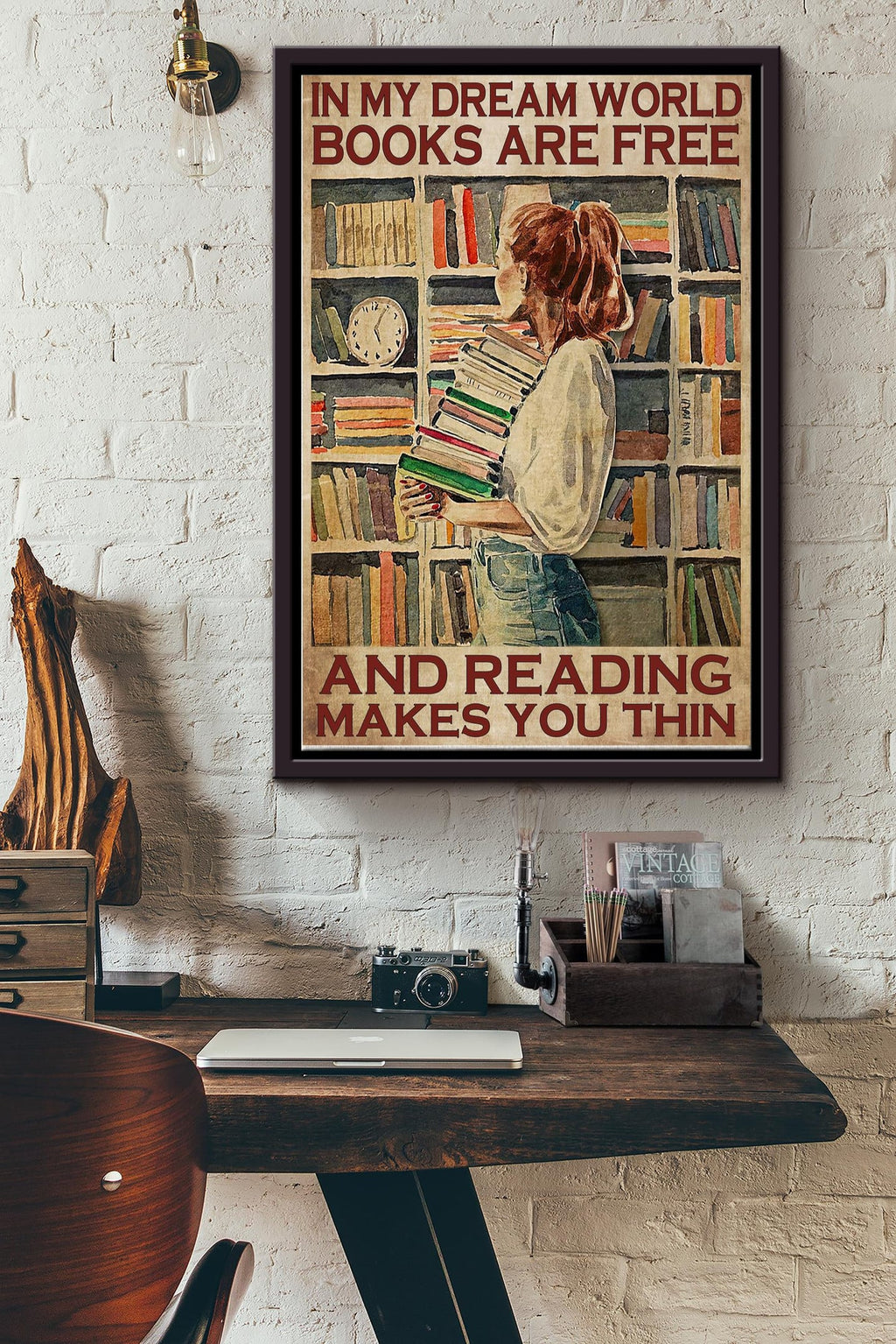 In My Dream World Free Book And Reading Make You Thin Poster - Decor Wall Art - Gift For Reader Reading Girl Library Author Framed Matte Canvas Framed Prints, Canvas