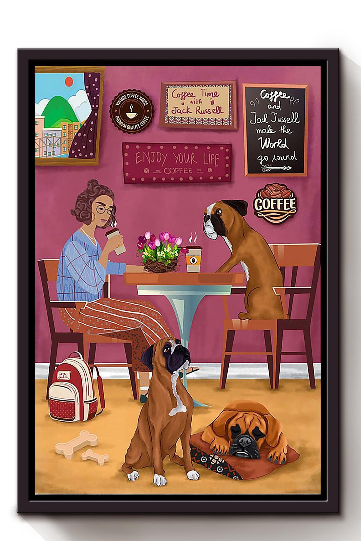 Coffee Time With Dogs Enjoy Your Life Wall Art For Dog Lover Housewarming Framed Matte Canvas Framed Prints, Canvas