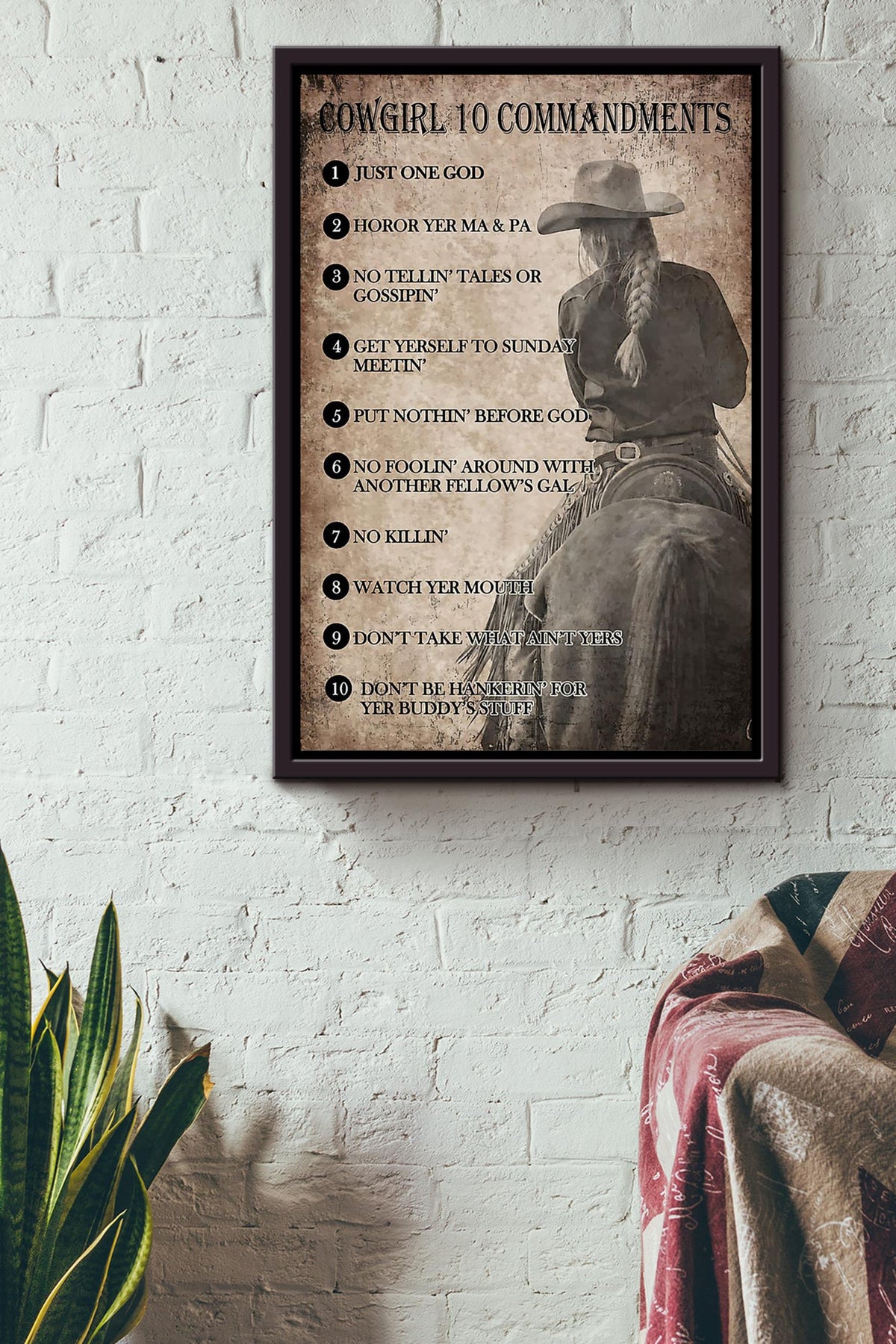 Cowgirl 10 Commandments Poster Horse Riding Wall Art Cowgirl Cowboy Gift Framed Canvas Framed Prints, Canvas