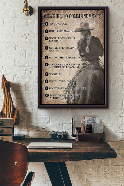 Cowgirl 10 Commandments Poster Horse Riding Wall Art Cowgirl Cowboy Gift Framed Canvas Framed Prints, Canvas