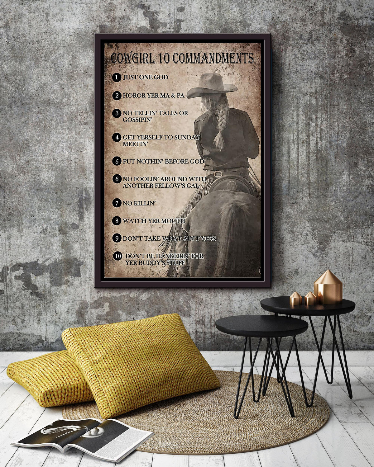 Cowgirl 10 Commandments Poster Horse Riding Wall Art Cowgirl Cowboy Gift Framed Canvas Framed Prints, Canvas