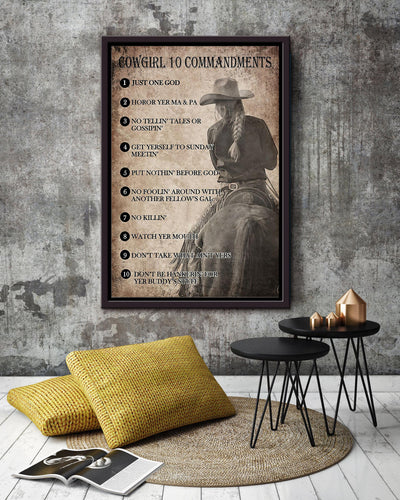 Cowgirl 10 Commandments Poster Horse Riding Wall Art Cowgirl Cowboy Gift Framed Canvas Framed Prints, Canvas
