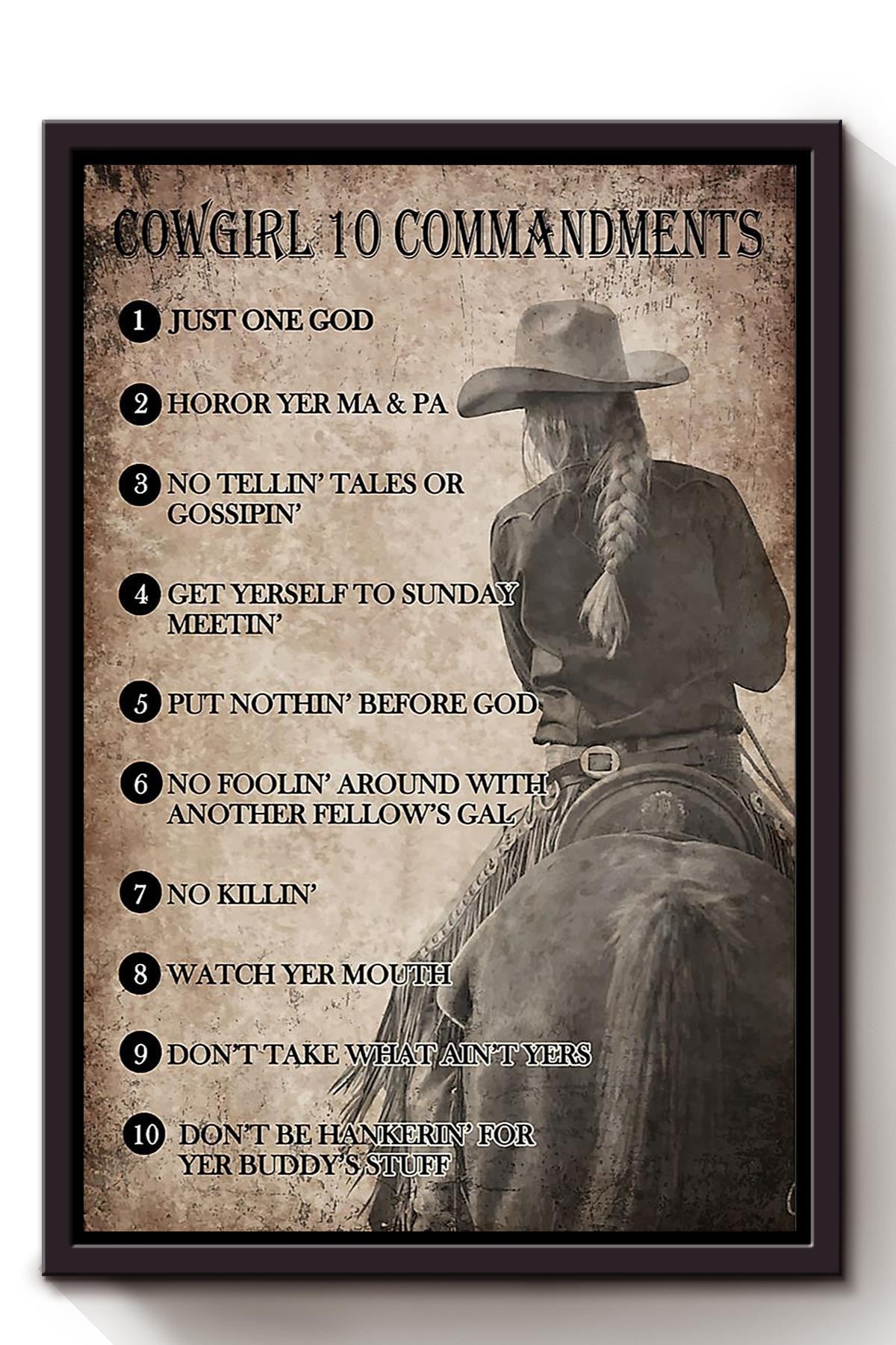 Cowgirl 10 Commandments Poster Horse Riding Wall Art Cowgirl Cowboy Gift Framed Canvas Framed Prints, Canvas