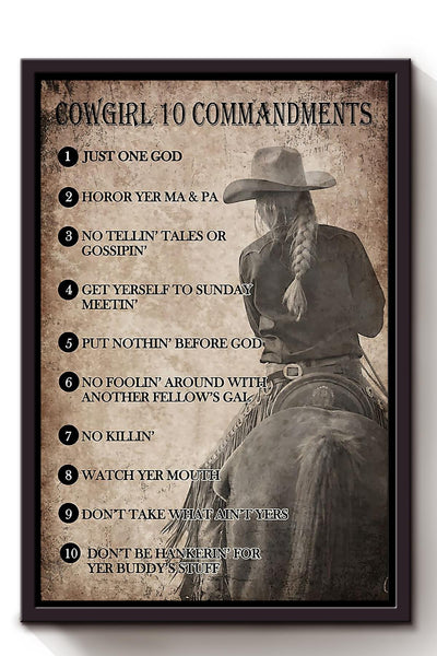 Cowgirl 10 Commandments Poster Horse Riding Wall Art Cowgirl Cowboy Gift Framed Canvas Framed Prints, Canvas