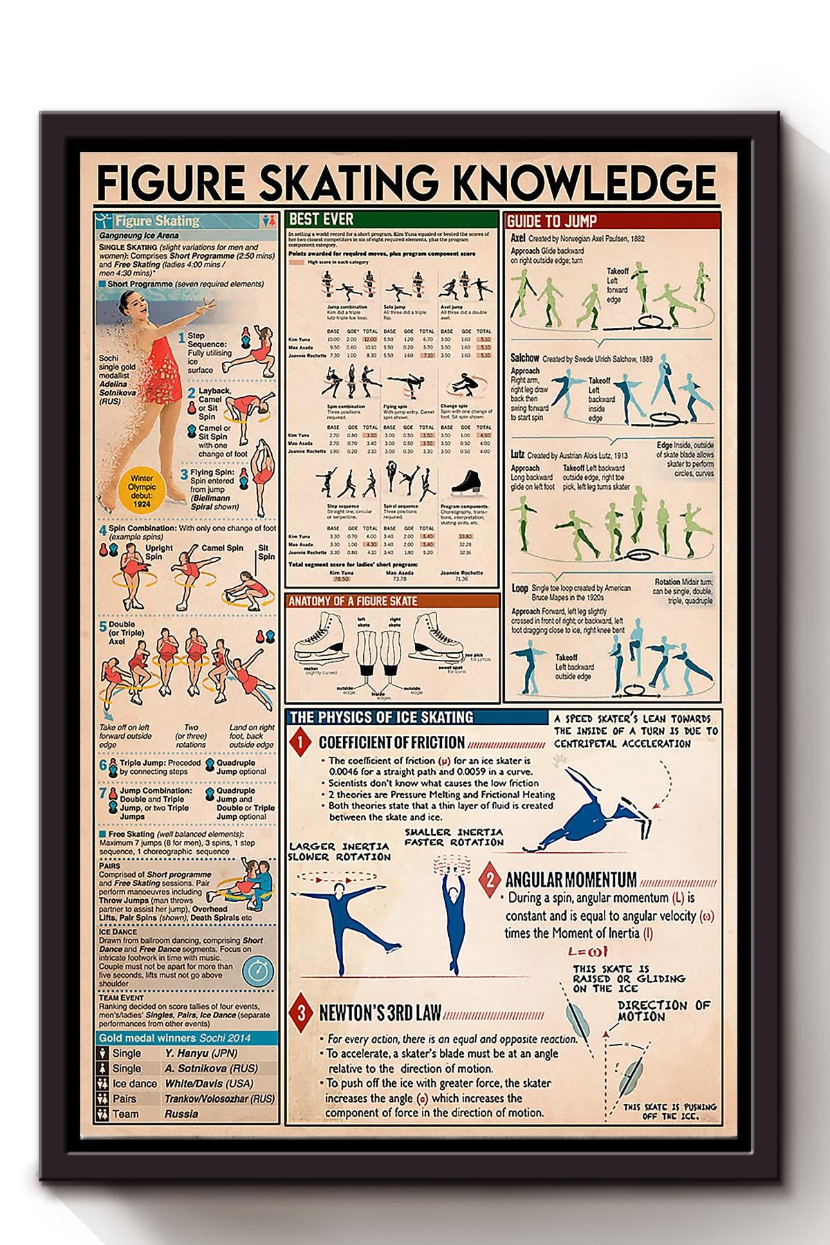 Figure Skating Knowledge Wall Art Gift For Skater Skating Rink Decor Framed Matte Canvas Framed Prints, Canvas