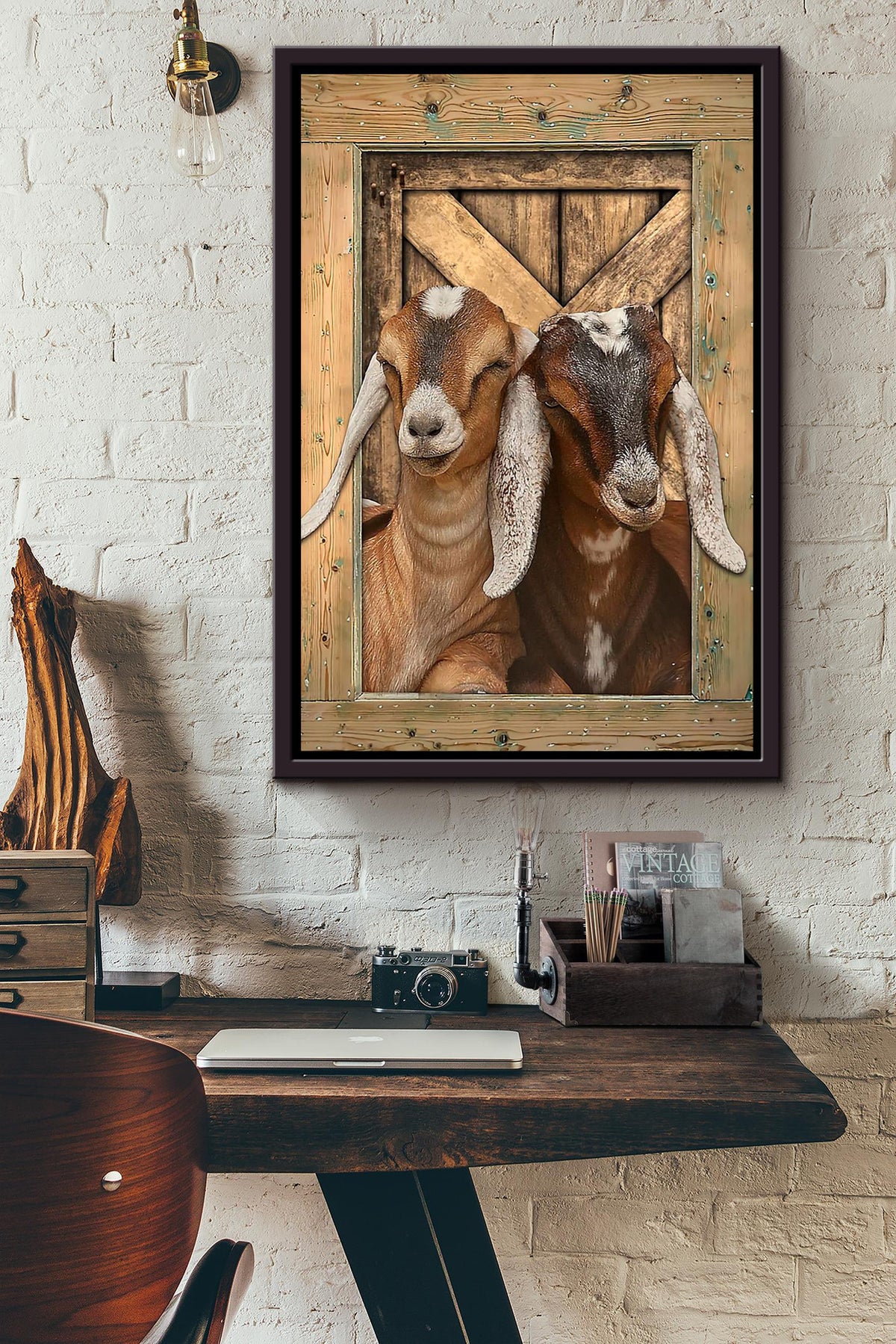 Goat In Barn View Gift For Famer Goat Lover Animals Framed Canvas