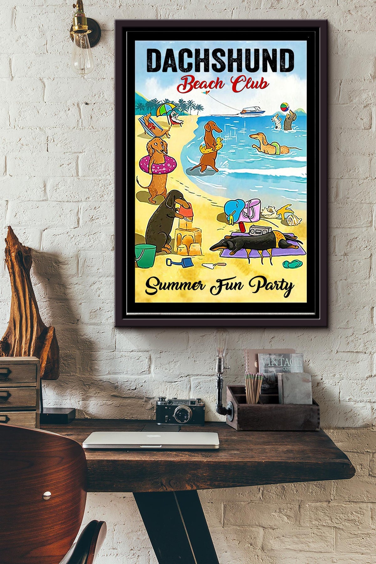 Dachshund Beach Club Summer Fun Party Poster - Animals War Art - Gift For Sea Lovers Dog Fans Seaside Festivals Framed Matte Canvas