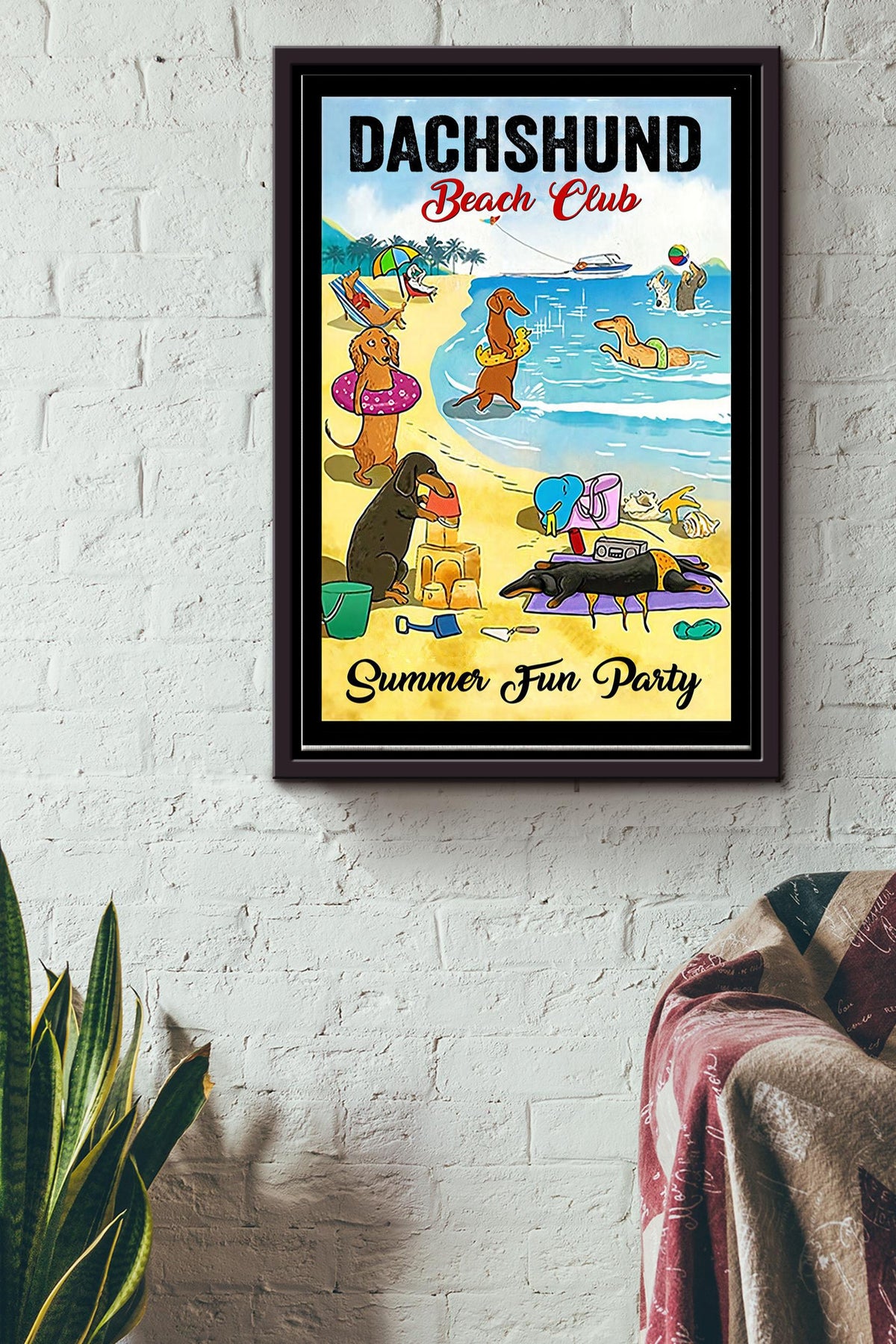 Dachshund Beach Club Summer Fun Party Poster - Animals War Art - Gift For Sea Lovers Dog Fans Seaside Festivals Framed Matte Canvas