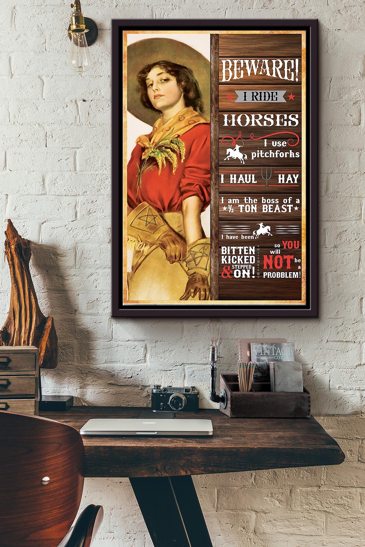 Cowgirl Beware I Ride Horses Poster - Animal Wall Art - Gift For Horse Lover Horse Rider Home Cowboy Decor Farmhouse Decor Framed Matte Canvas Framed Prints, Canvas