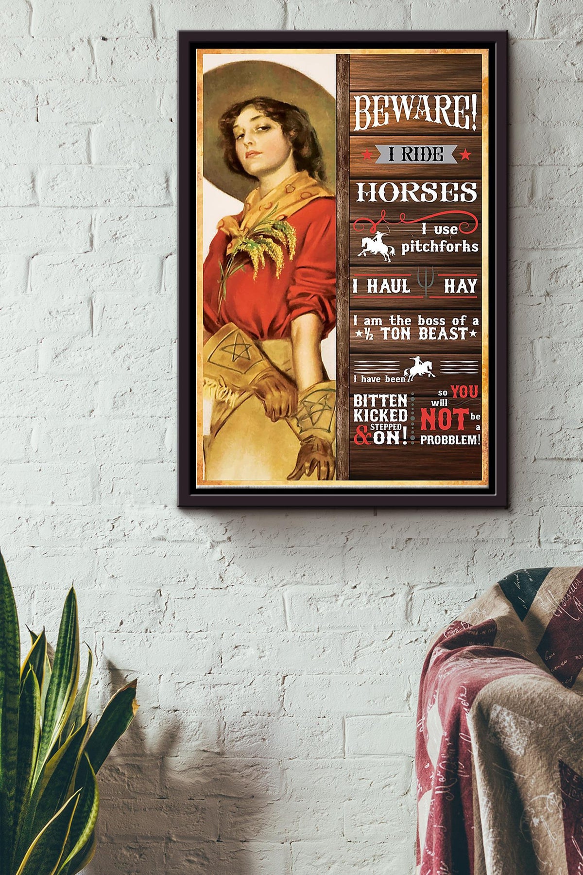 Cowgirl Beware I Ride Horses Poster - Animal Wall Art - Gift For Horse Lover Horse Rider Home Cowboy Decor Farmhouse Decor Framed Matte Canvas Framed Prints, Canvas