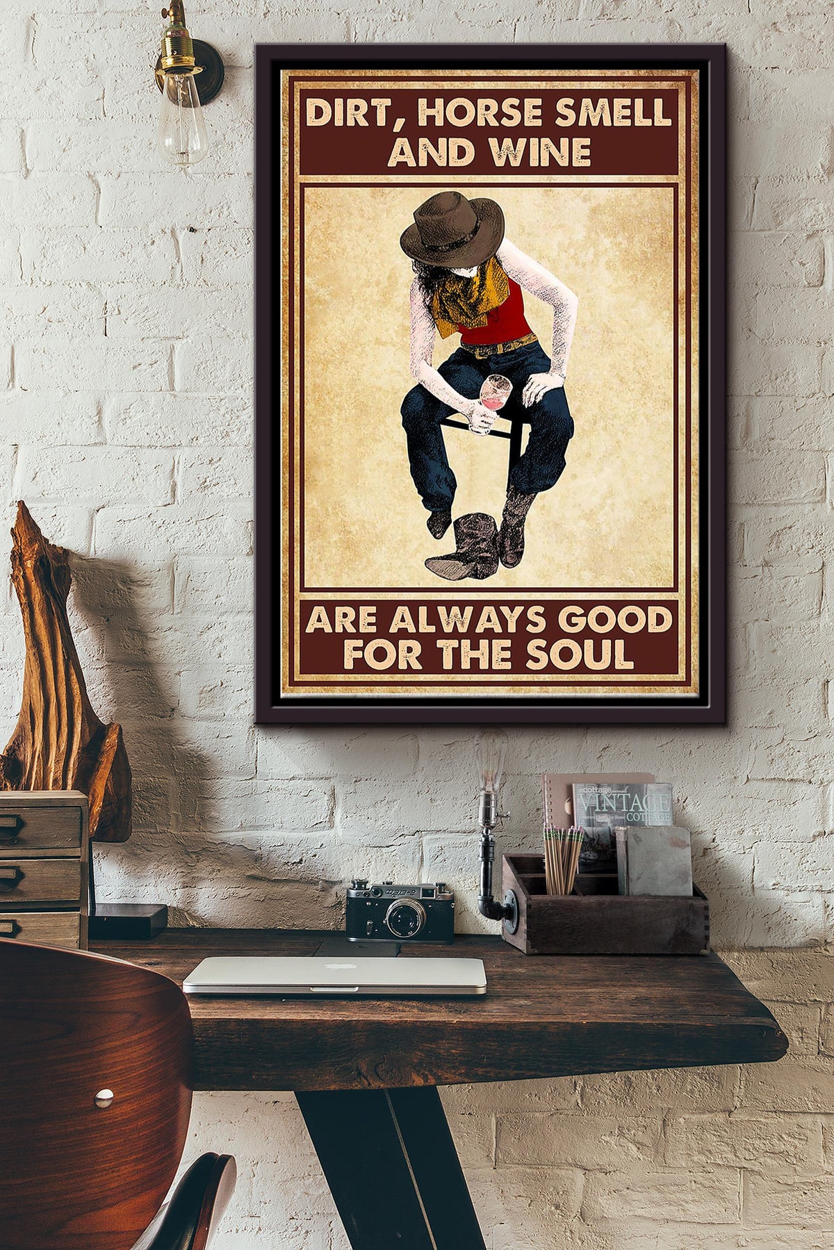Dirt Horse Smell Wine And Cowgirl Poster - Animal Wall Art - Gift For Horse Lover Horse Rider Cowboy Farmhouse Decor Framed Matte Canvas Framed Prints, Canvas
