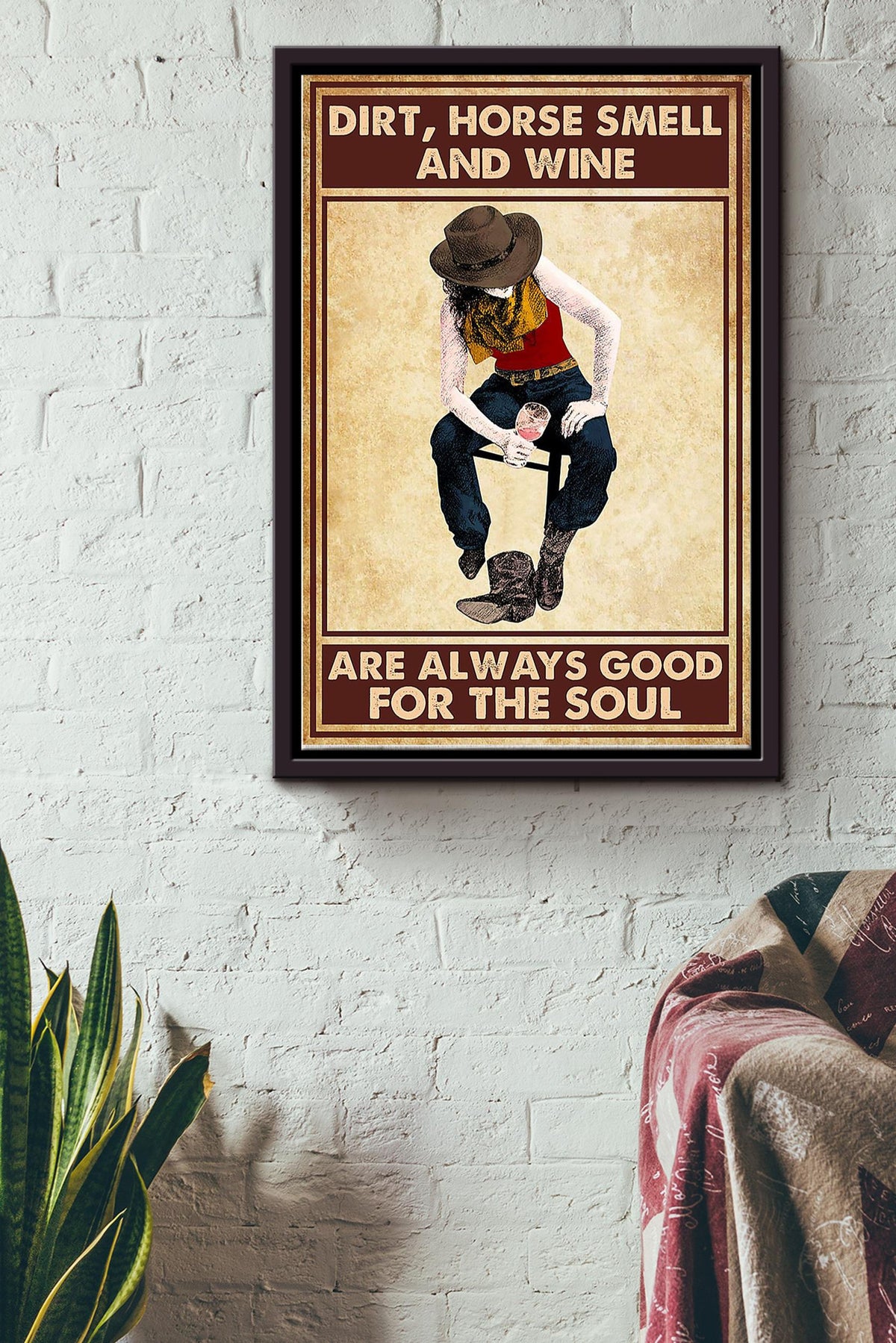 Dirt Horse Smell Wine And Cowgirl Poster - Animal Wall Art - Gift For Horse Lover Horse Rider Cowboy Farmhouse Decor Framed Matte Canvas Framed Prints, Canvas