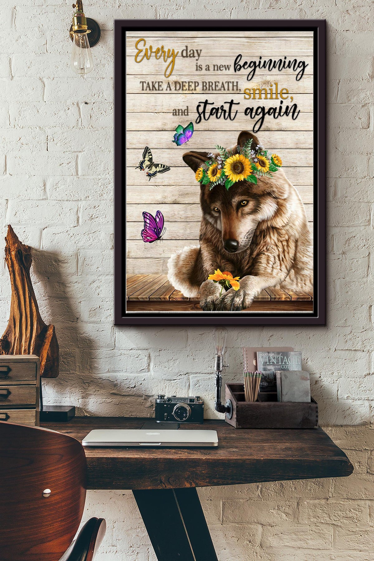 Everyday Is A New Beginnning Poster - Animal Wall Art - Gift For Friend Sad Girls Soulmate House Decor Wolf Lover Framed Matte Canvas Framed Prints, Canvas