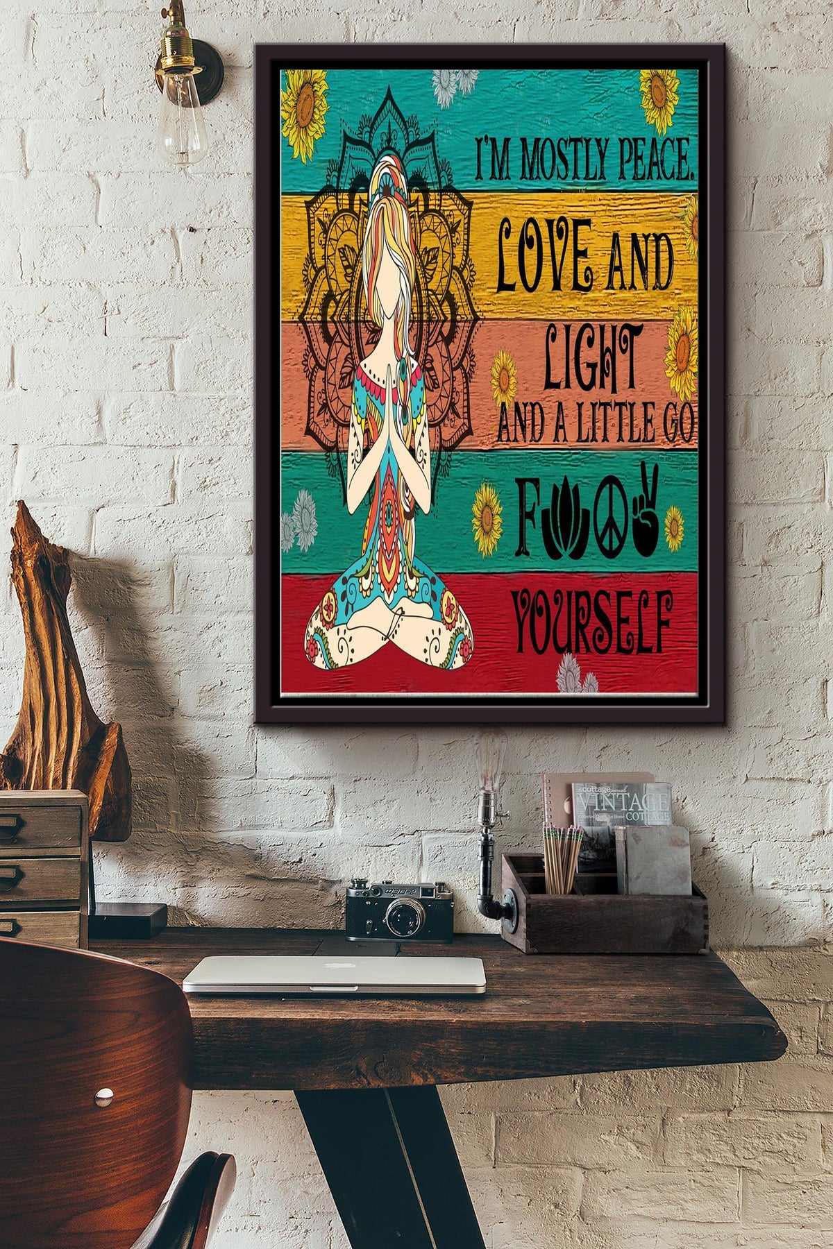 Im Mostly Peace Hippie Girl Poster - Decor Wall Art - Gift For Hippie Girl Traveling Lover Yoga Lover Framed Matte Canvas Framed Prints, Canvas