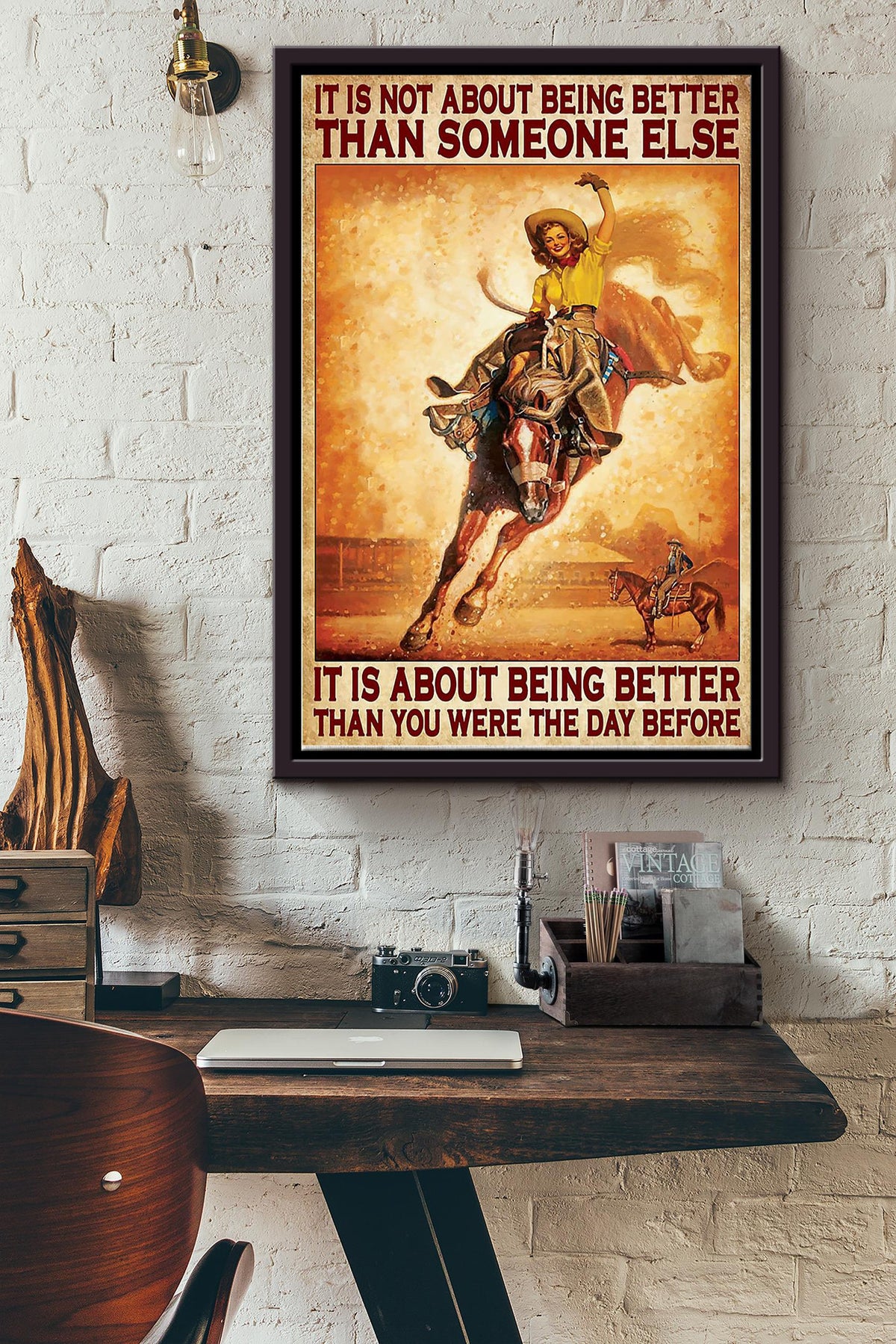 Its Not About Being Better Cowgirl Poster - Animal Wall Art - Gift For Horse Lover Horse Rider Cowboy Farmhouse Decor Framed Matte Canvas Framed Prints, Canvas
