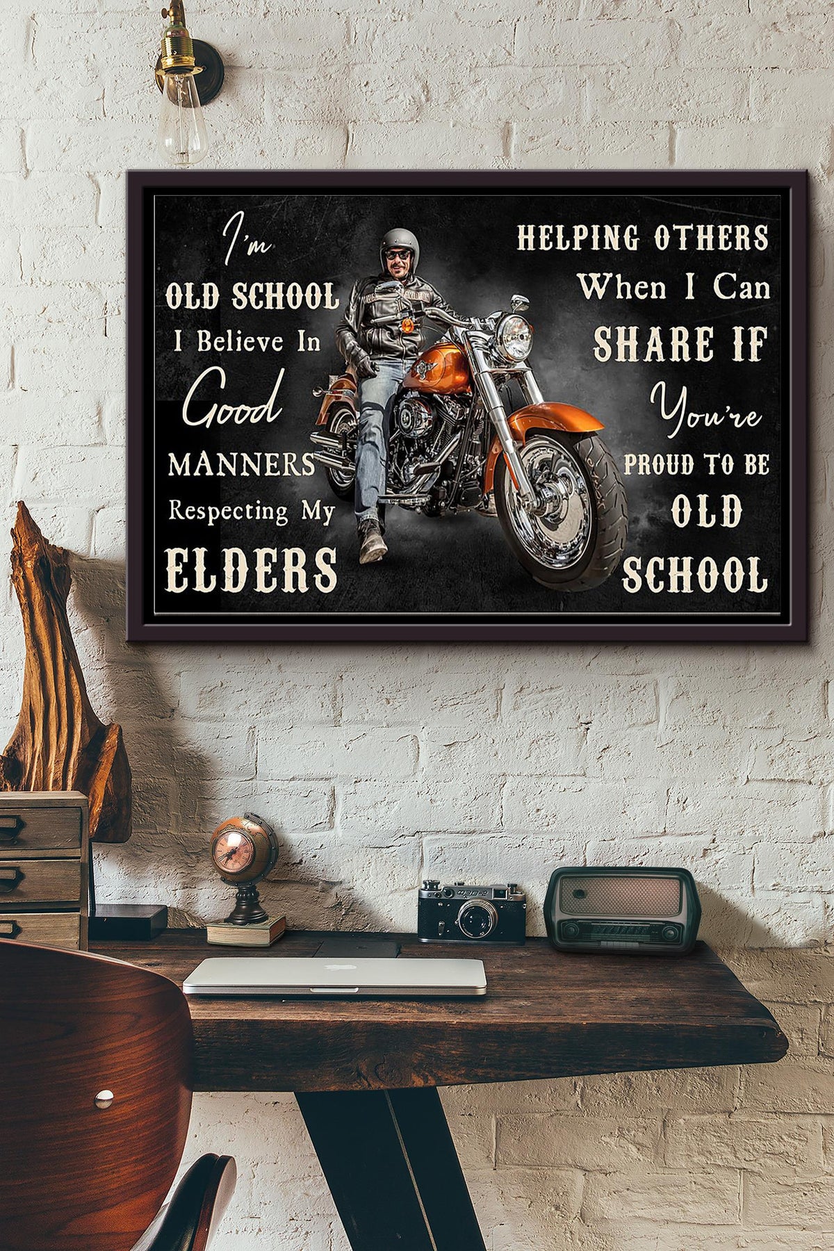 Motorcycling Im Old School I Believe In Good Manners Poster n Framed Matte Canvas