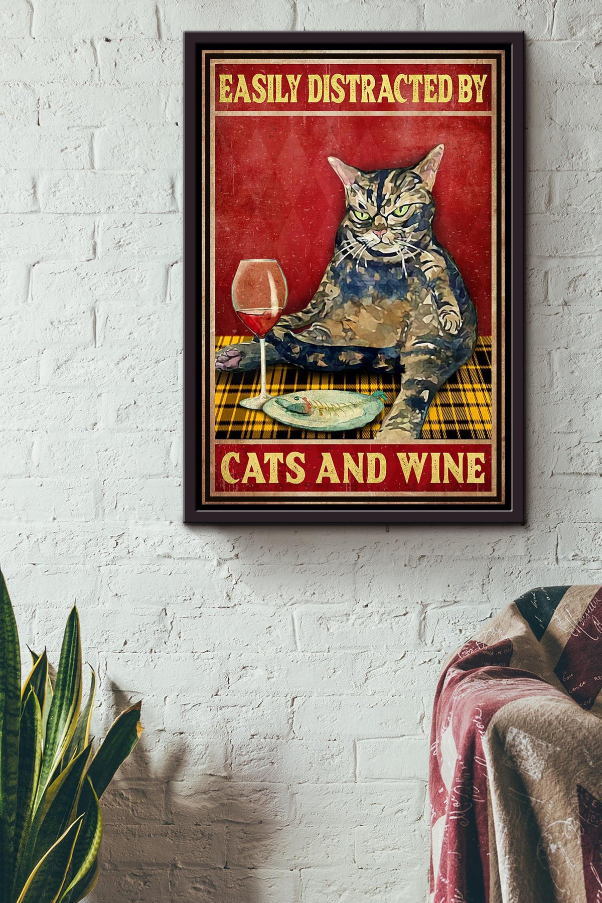 Easily Distracted By Cats And Wine For Cat Lover Home Decor Housewarming Framed Canvas