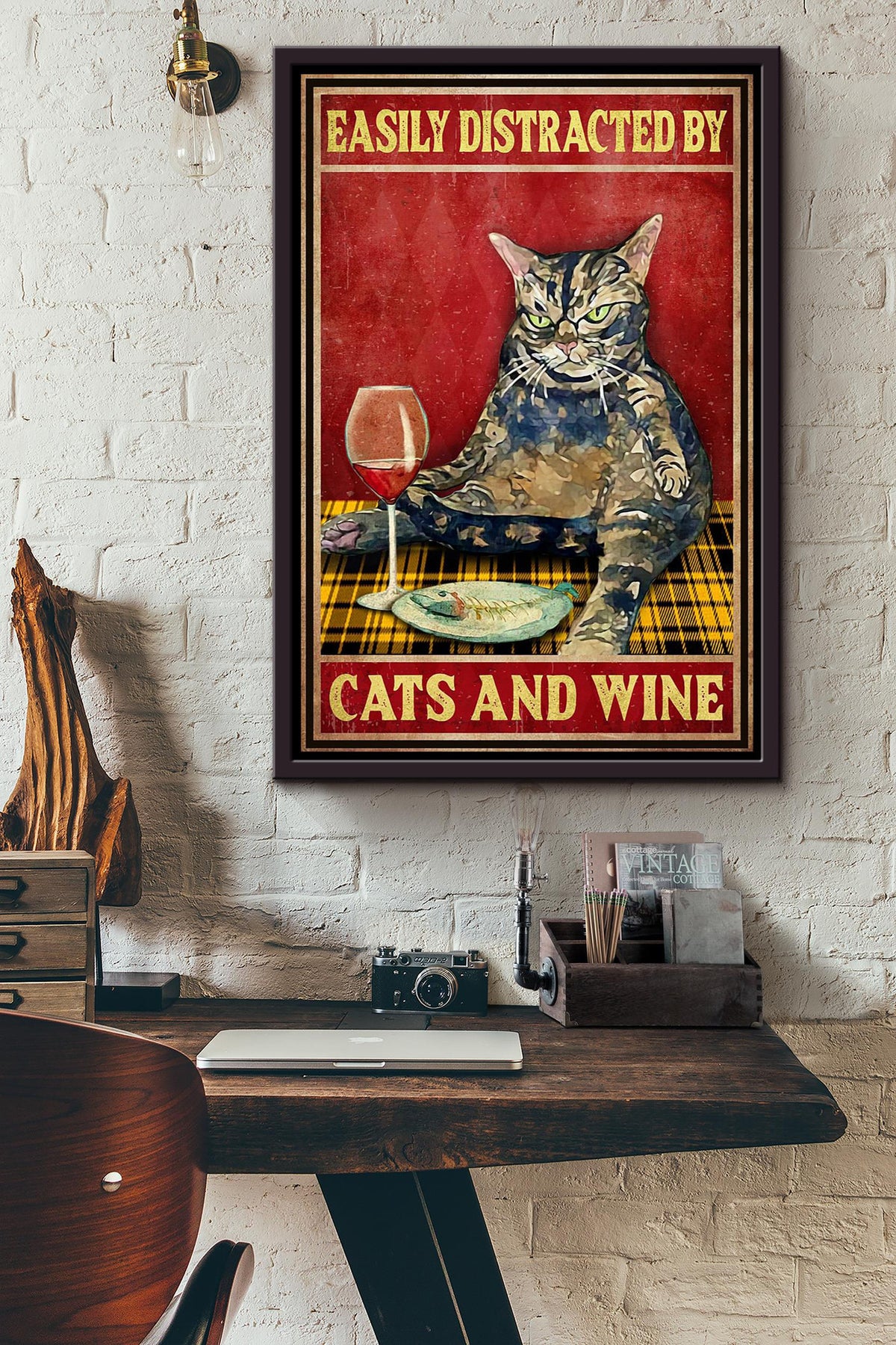 Easily Distracted By Cats And Wine For Cat Lover Home Decor Housewarming Framed Canvas