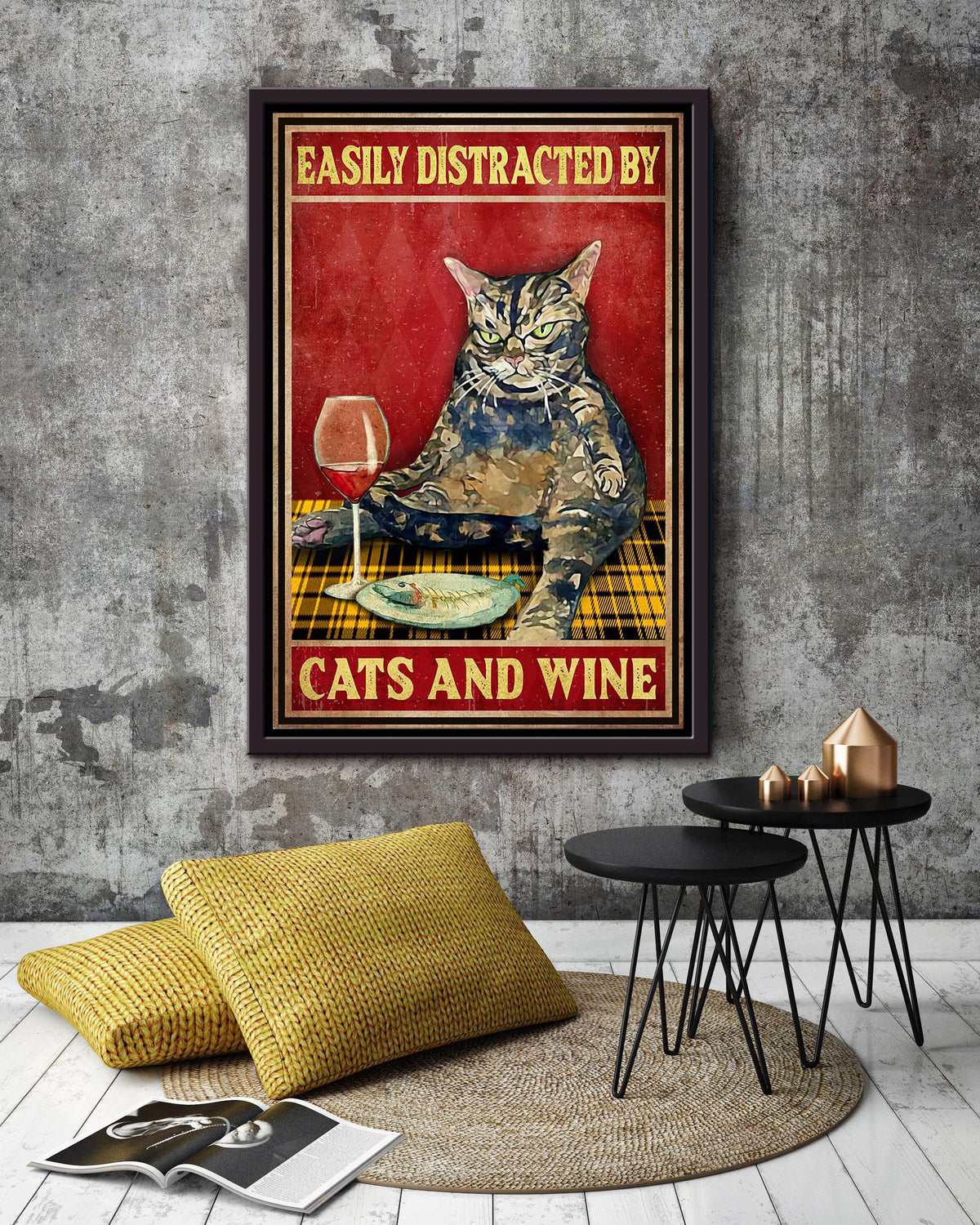 Easily Distracted By Cats And Wine For Cat Lover Home Decor Housewarming Framed Canvas