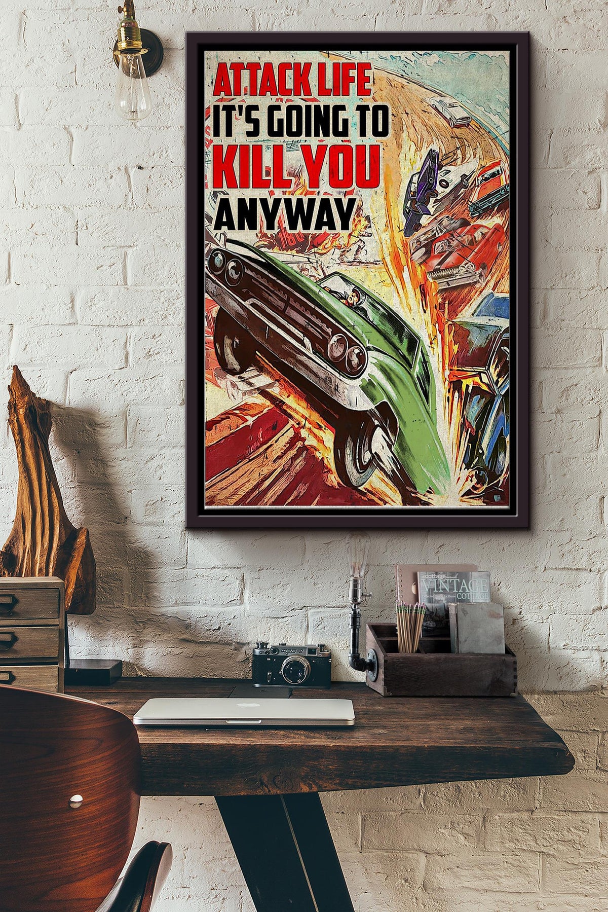 Green Stock Car Racing Attack Life Its Going To Kill You Poster Framed Matte Canvas