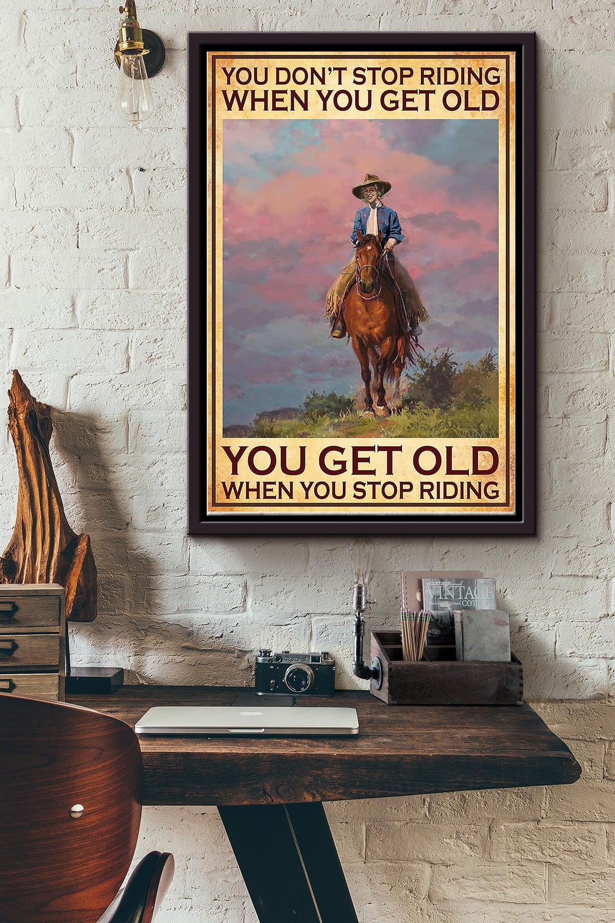Cowgirl Dont Stop Riding When You Get Old Poster - Animal Wall Art - Gift For Horse Lover Horse Rider Cowboy Farmhouse Decor Framed Matte Canvas Framed Prints, Canvas