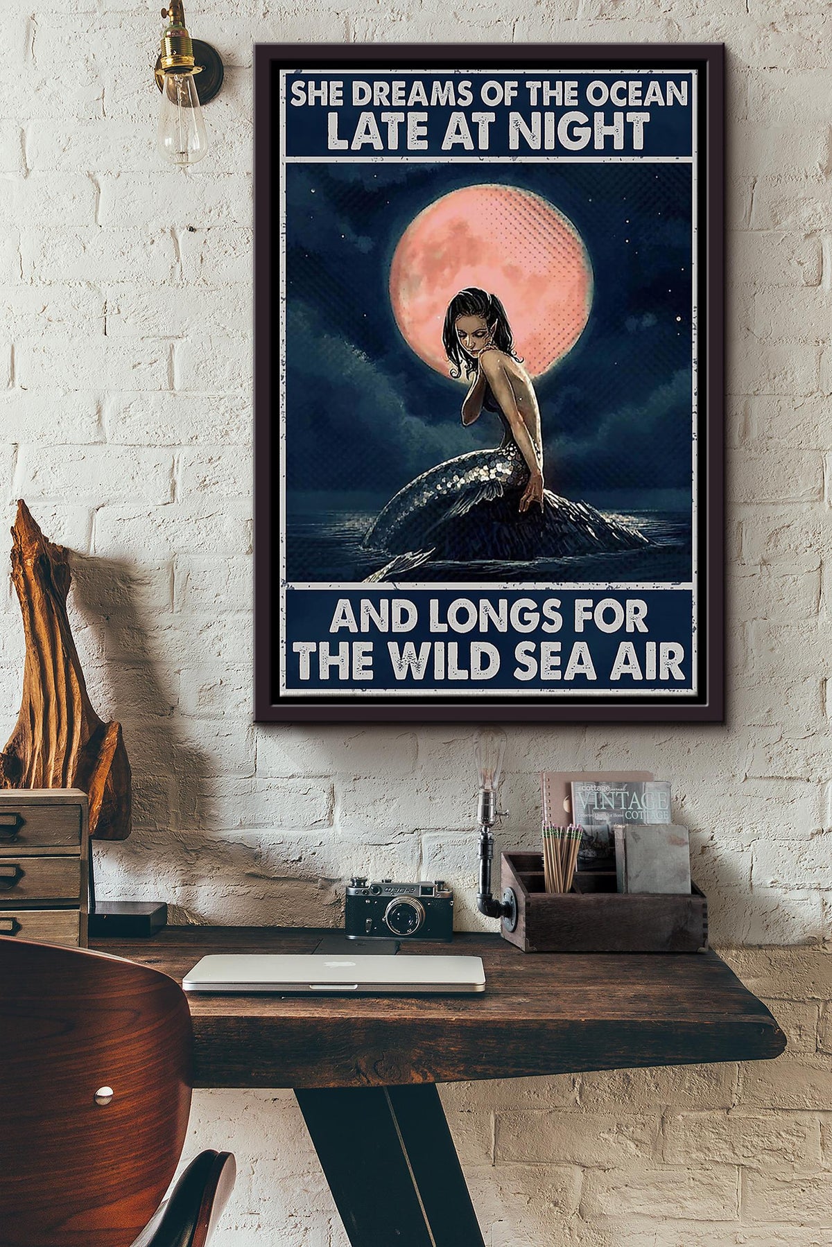 Mermaid In Moonlight Dreams Of Ocean Longs For Wild Sea Air Poster Home Decor Wall Art Canvas Housewarming Birthday Gift For Girl Wife Girlfriend Moon Lover Sea Lover Sea Lover Wild Air Lover Framed Matte Canvas Framed Prints, Canvas