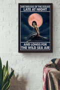 Mermaid In Moonlight Dreams Of Ocean Longs For Wild Sea Air Poster Home Decor Wall Art Canvas Housewarming Birthday Gift For Girl Wife Girlfriend Moon Lover Sea Lover Sea Lover Wild Air Lover Framed Matte Canvas Framed Prints, Canvas