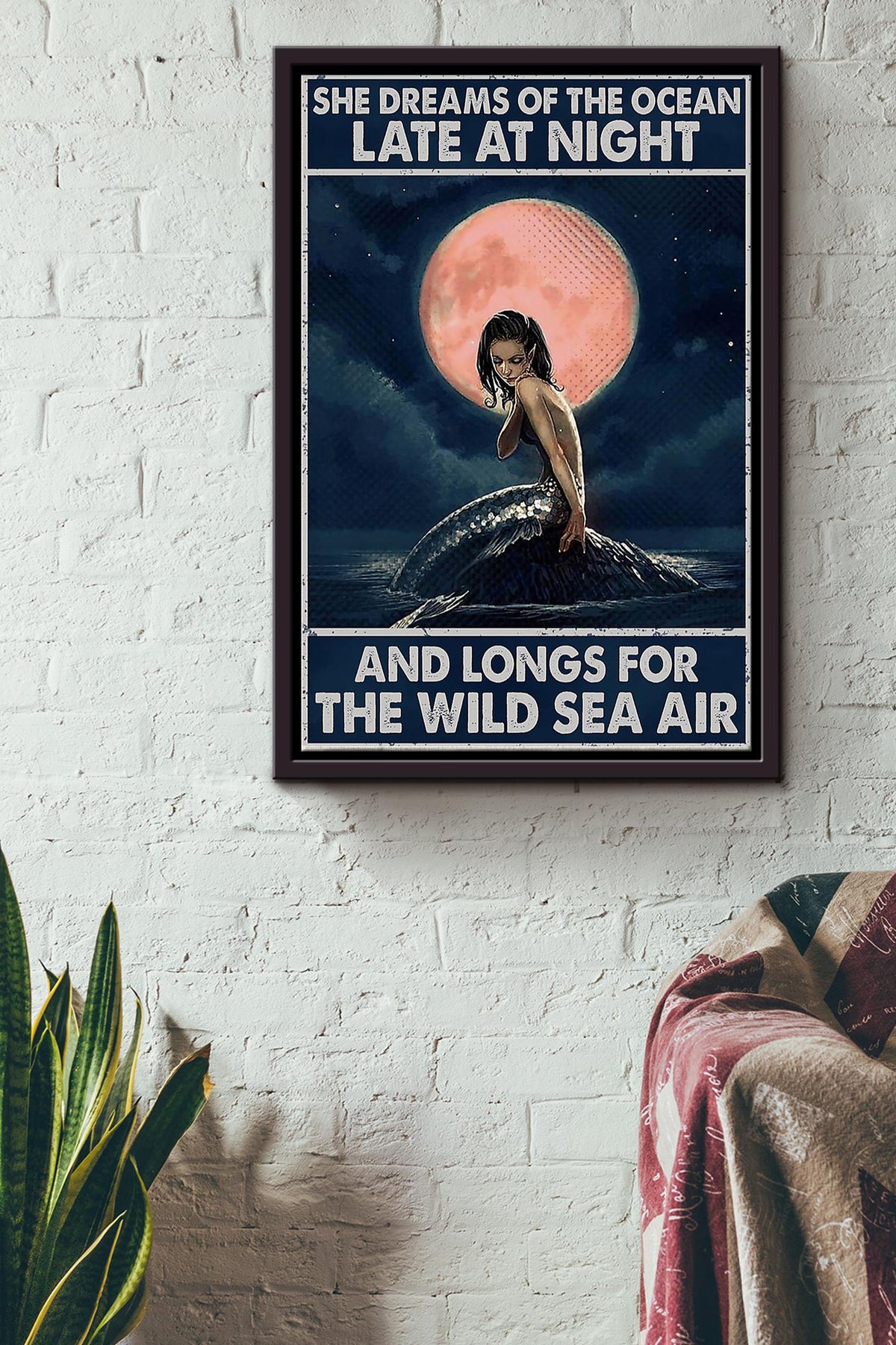 Mermaid In Moonlight Dreams Of Ocean Longs For Wild Sea Air Poster Home Decor Wall Art Canvas Housewarming Birthday Gift For Girl Wife Girlfriend Moon Lover Sea Lover Sea Lover Wild Air Lover Framed Matte Canvas Framed Prints, Canvas
