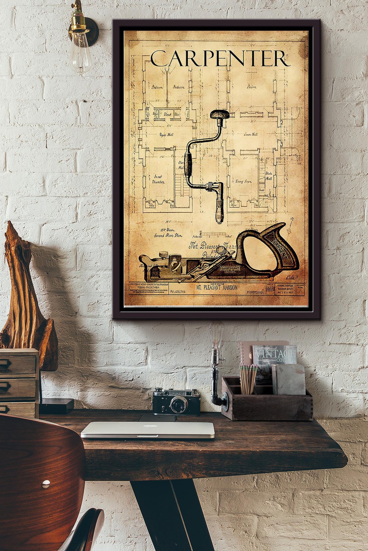 Carpenters Tool Vintage Poster Framed Matte Canvas