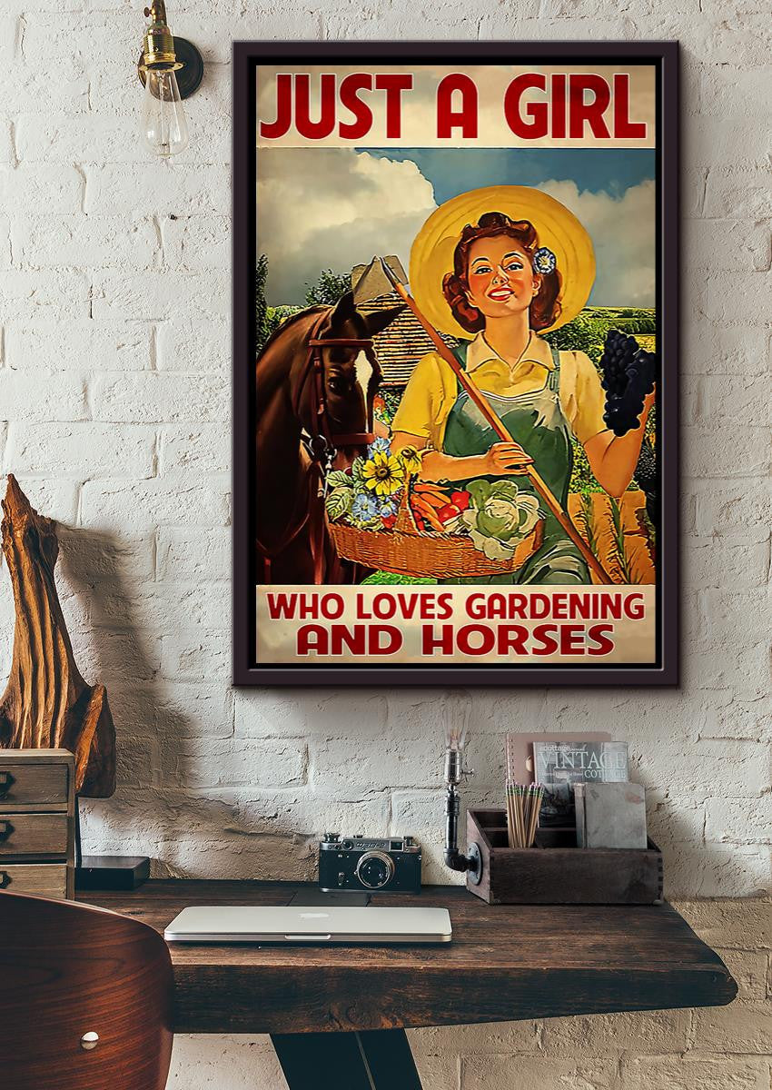 Just A Girl Loves Gardening And Horses Girl With Horse Wall Art For Home Decor Framed Matte Canvas Framed Prints, Canvas