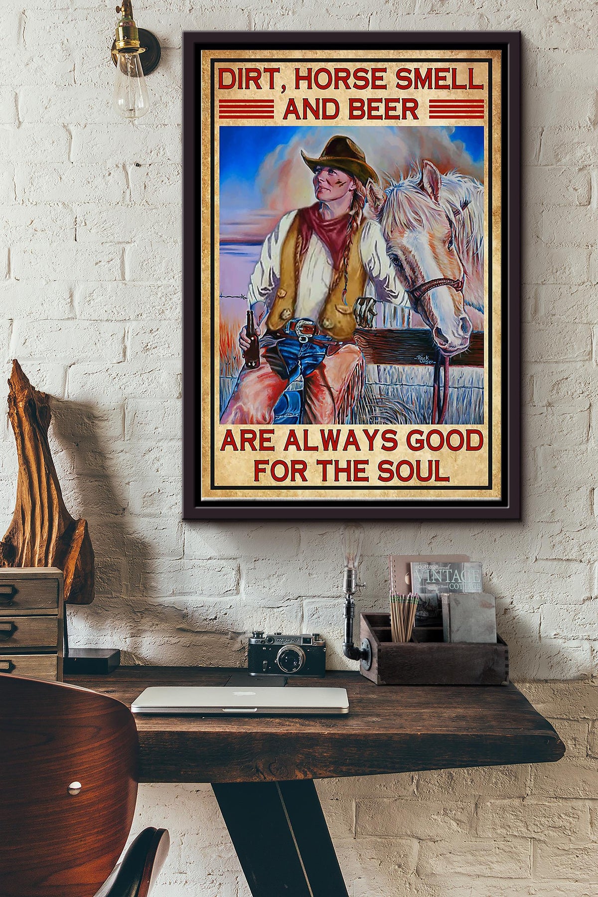 Cowgirl Dirt Horse Smell Dog Slobber Poster - Animal Wall Art - Gift For Horse Lover Horse Rider Cowboy Farmhouse Decor Framed Matte Canvas Framed Prints, Canvas