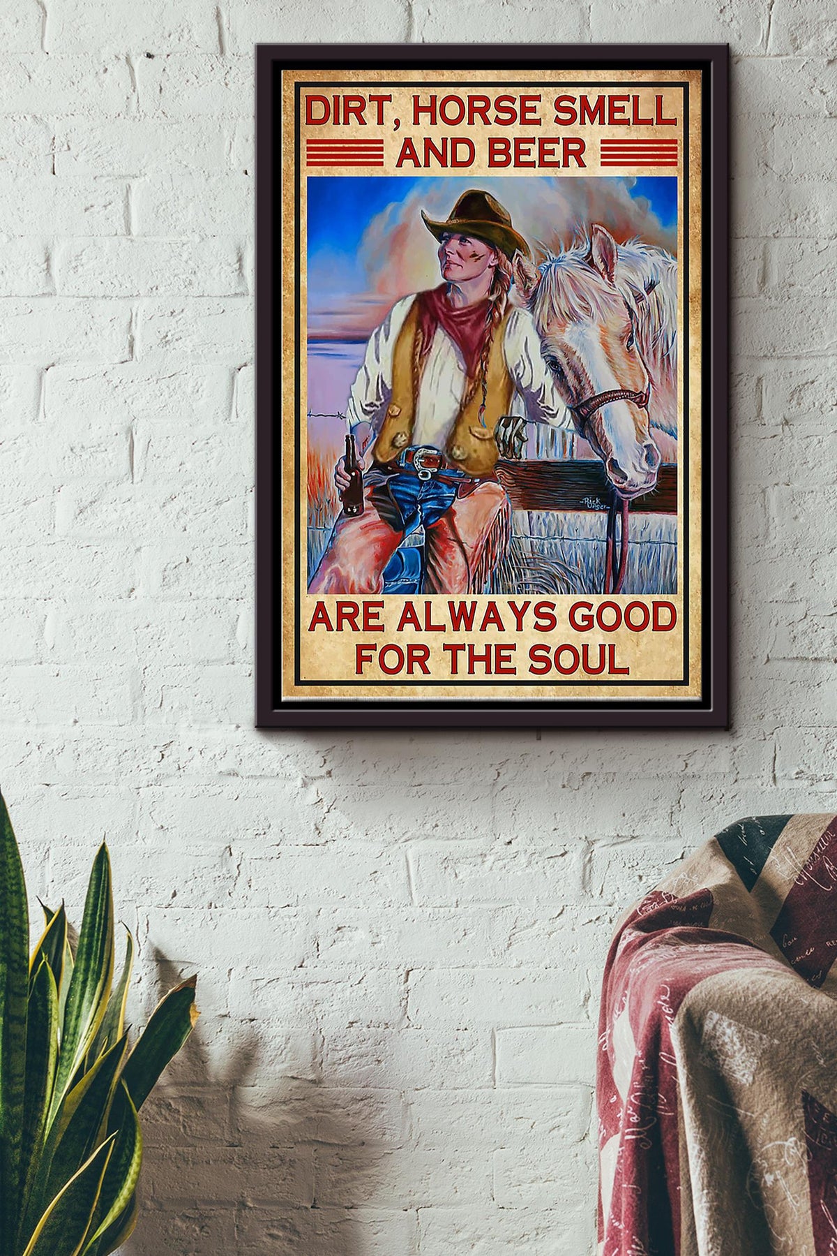 Cowgirl Dirt Horse Smell Dog Slobber Poster - Animal Wall Art - Gift For Horse Lover Horse Rider Cowboy Farmhouse Decor Framed Matte Canvas Framed Prints, Canvas