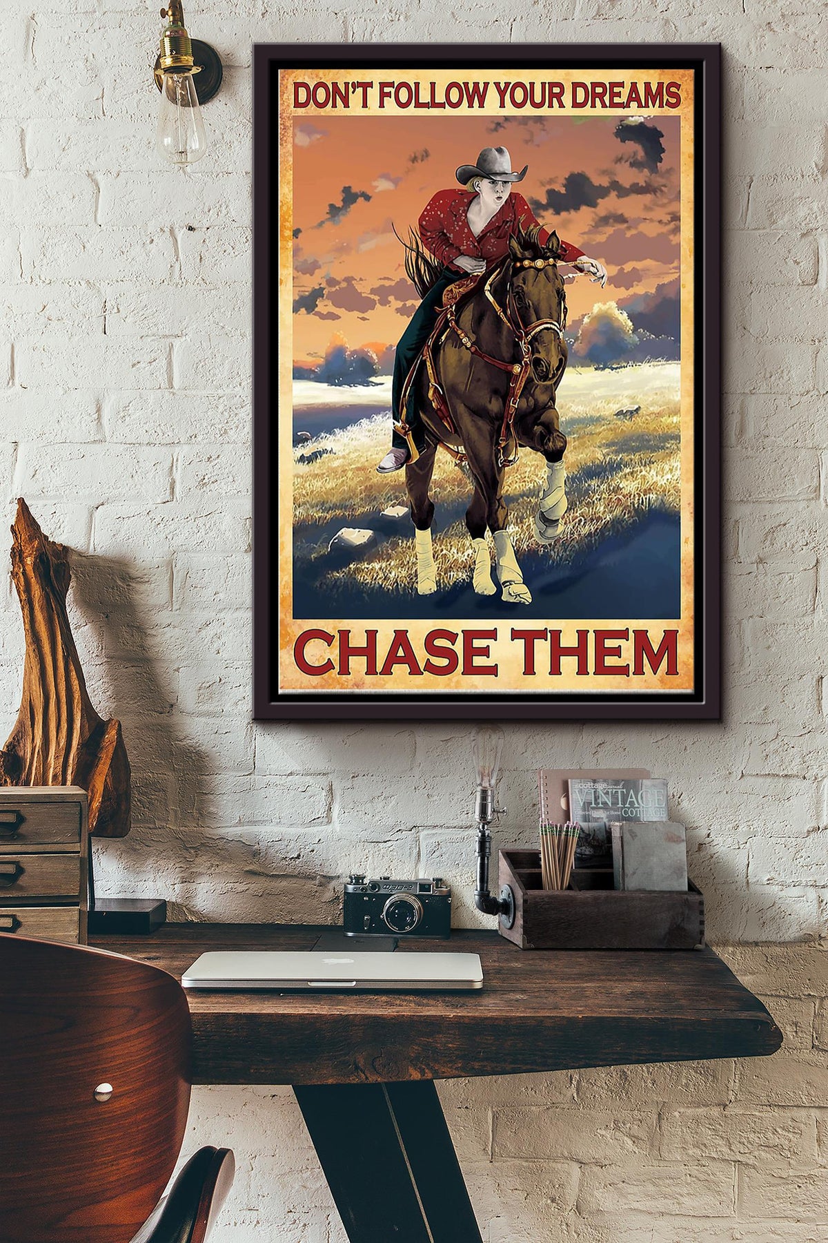 Cowgirl Don't Follow Your Dream Chase Them Poster - Animal Wall Art - Gift For Horse Lover Horse Rider Cowboy Farmhouse Decor Framed Matte Canvas Framed Prints, Canvas