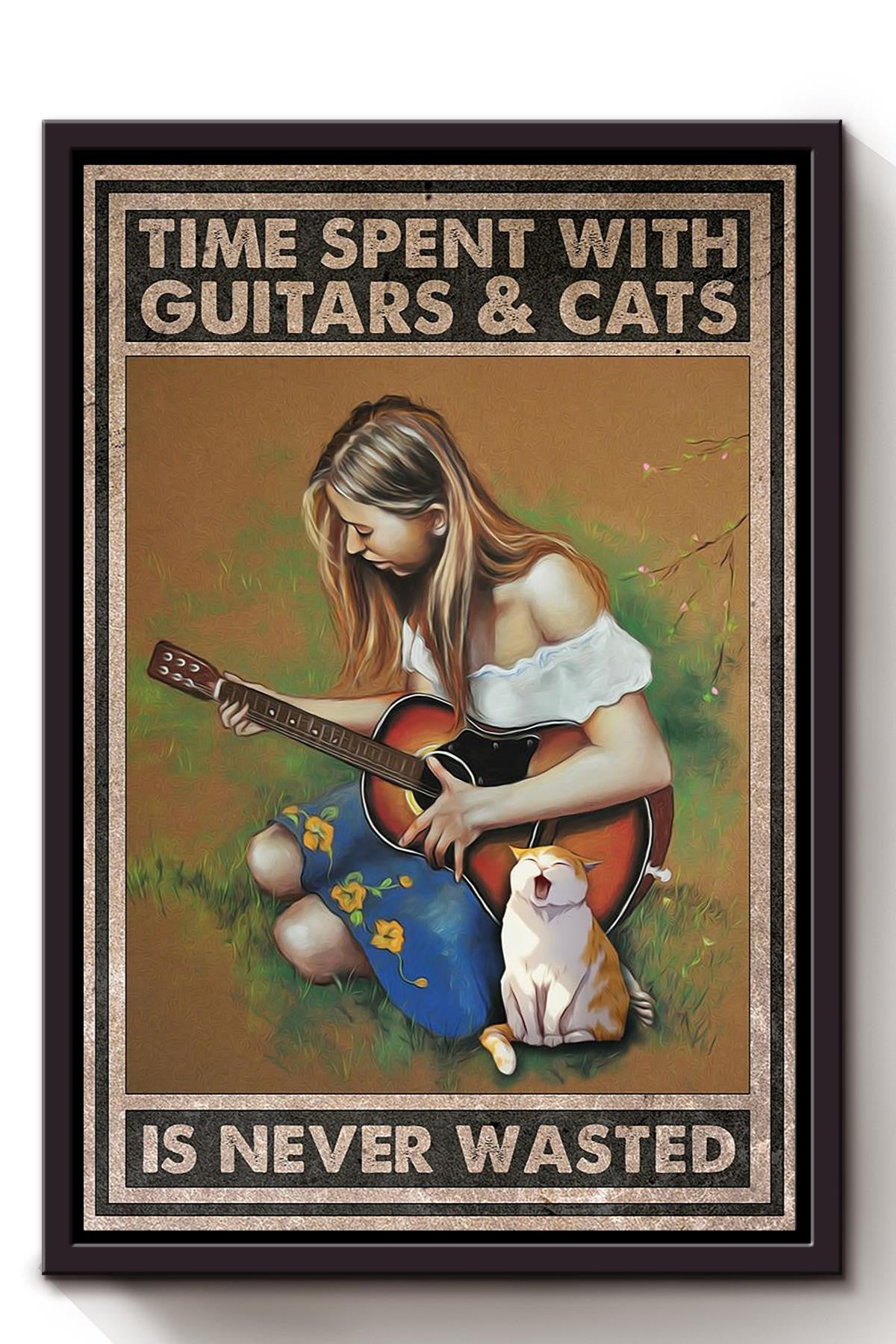 Cats Time Spent With Guitars Is Never Wasted Animal Wall Art Gift For Cat Lover International Cat Day Kitten Foster Framed Canvas Framed Prints, Canvas