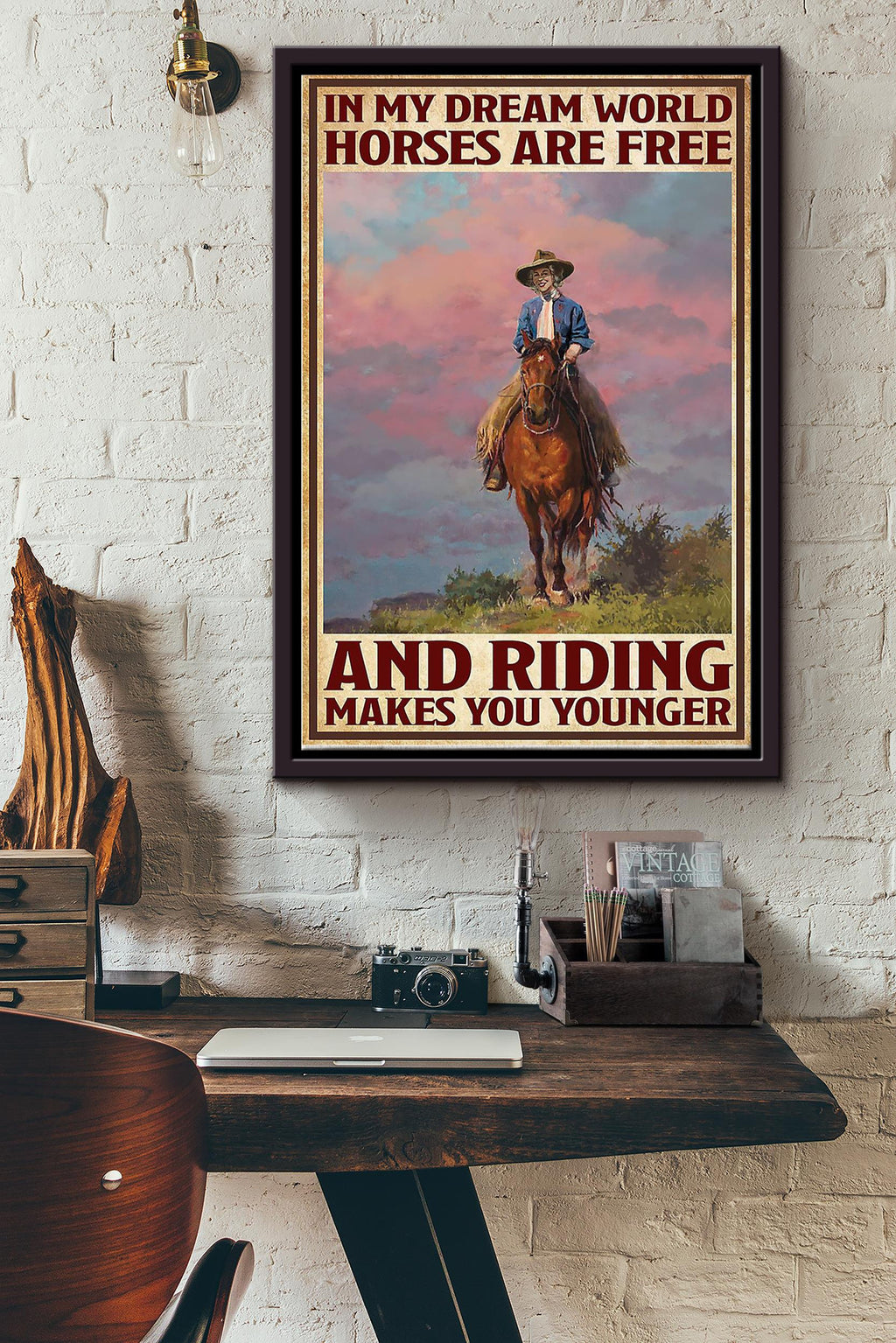 Cowgirl In My Dream World Horses Are Free Poster - Animal Wall Art - Gift For Horse Lover Horse Rider Cowboy Farmhouse Decor (2) Framed Matte Canvas Framed Prints, Canvas