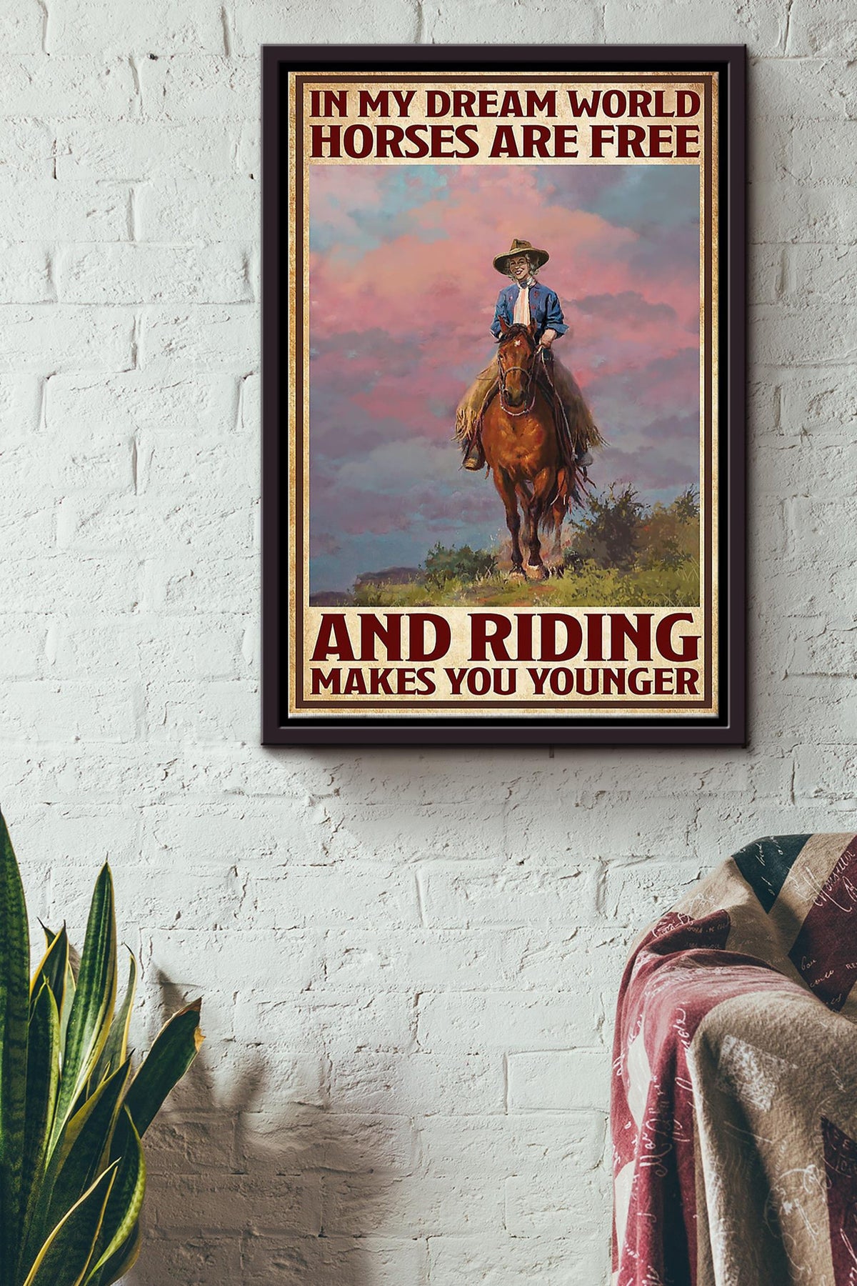Cowgirl In My Dream World Horses Are Free Poster - Animal Wall Art - Gift For Horse Lover Horse Rider Cowboy Farmhouse Decor (2) Framed Matte Canvas Framed Prints, Canvas