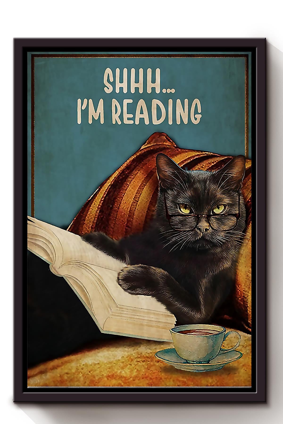 Cat Reading Book Funny Wall Art For Book Lover Cat Lover Library Decor Framed Matte Canvas Framed Prints, Canvas