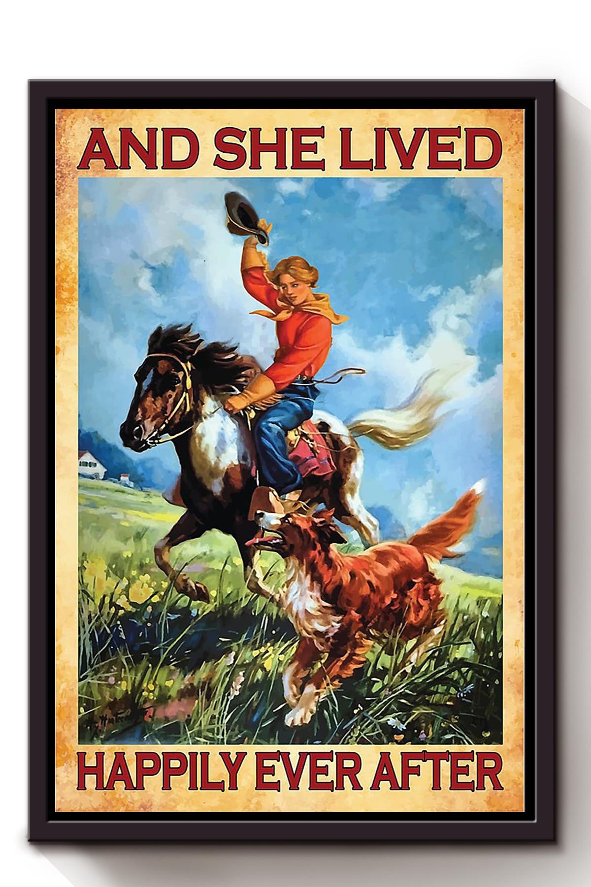 Cowgirl Lived Happily Ever After Retro Farmhouse Wall Art Quote Gift For Horse Girl Farmer Framed Canvas Framed Prints, Canvas