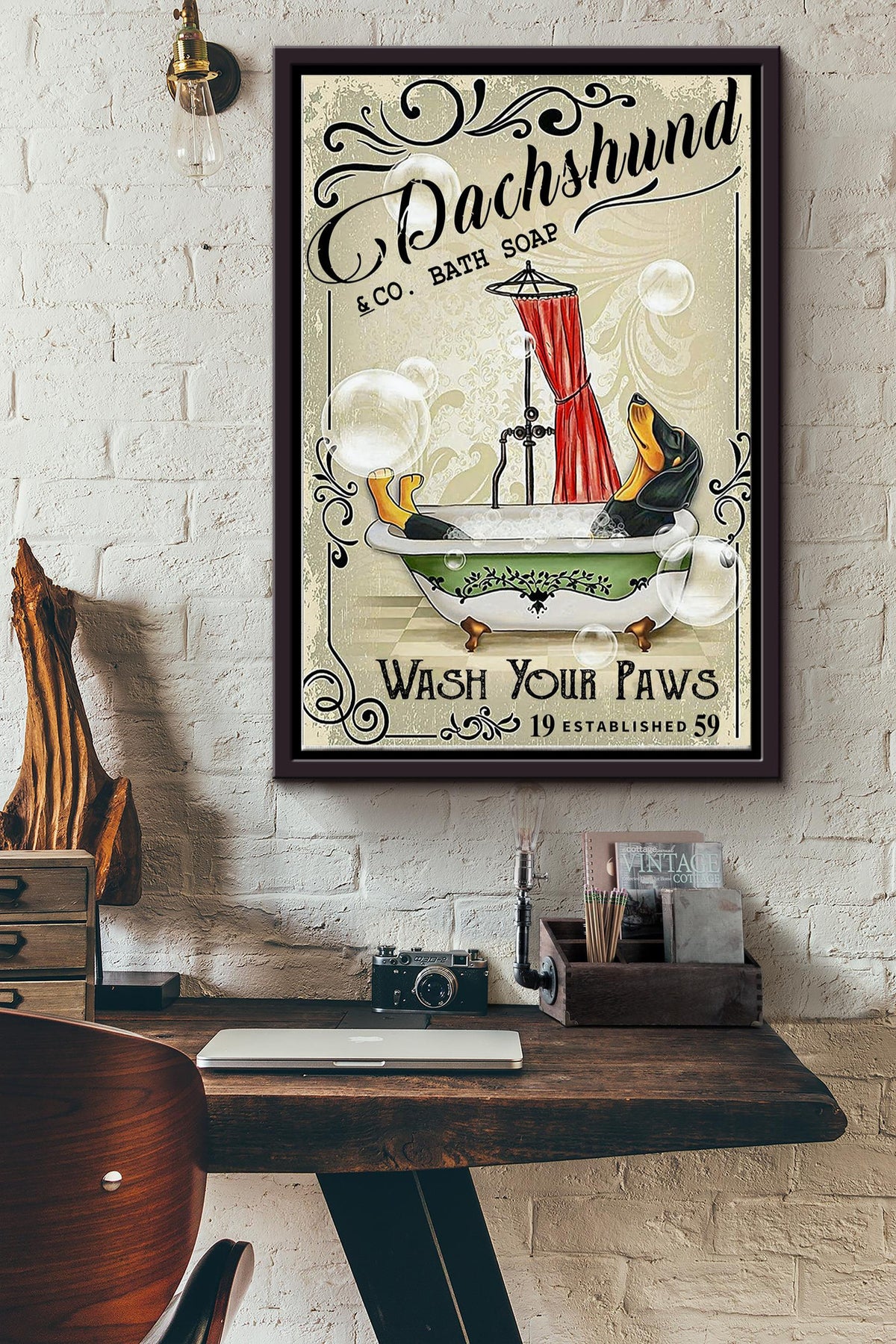 Dachshund Co. Bath Soap Wash Your Paws Poster - Animal Wall Art - Gift For Bathroom Decor, Dog Lover Framed Matte Canvas Framed Prints, Canvas