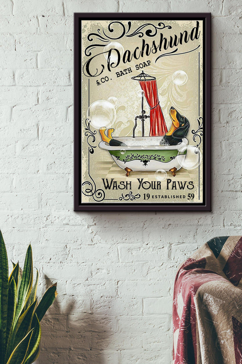 Dachshund Co. Bath Soap Wash Your Paws Poster - Animal Wall Art - Gift For Bathroom Decor, Dog Lover Framed Matte Canvas Framed Prints, Canvas