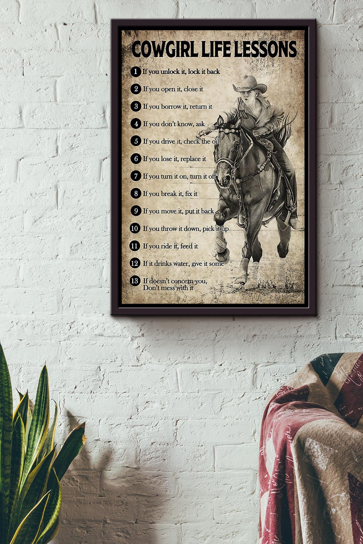 Cowgirl Life Lesson Quotes Poster Horse Riding Wall Art For Cowgirl Cowboy Gift Framed Canvas Framed Prints, Canvas