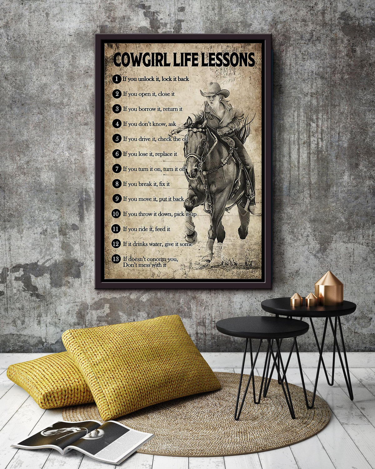 Cowgirl Life Lesson Quotes Poster Horse Riding Wall Art For Cowgirl Cowboy Gift Framed Canvas Framed Prints, Canvas