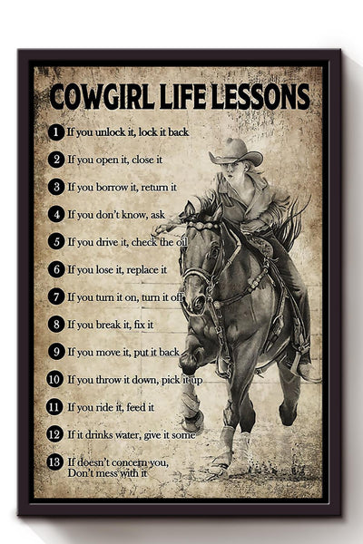 Cowgirl Life Lesson Quotes Poster Horse Riding Wall Art For Cowgirl Cowboy Gift Framed Canvas Framed Prints, Canvas