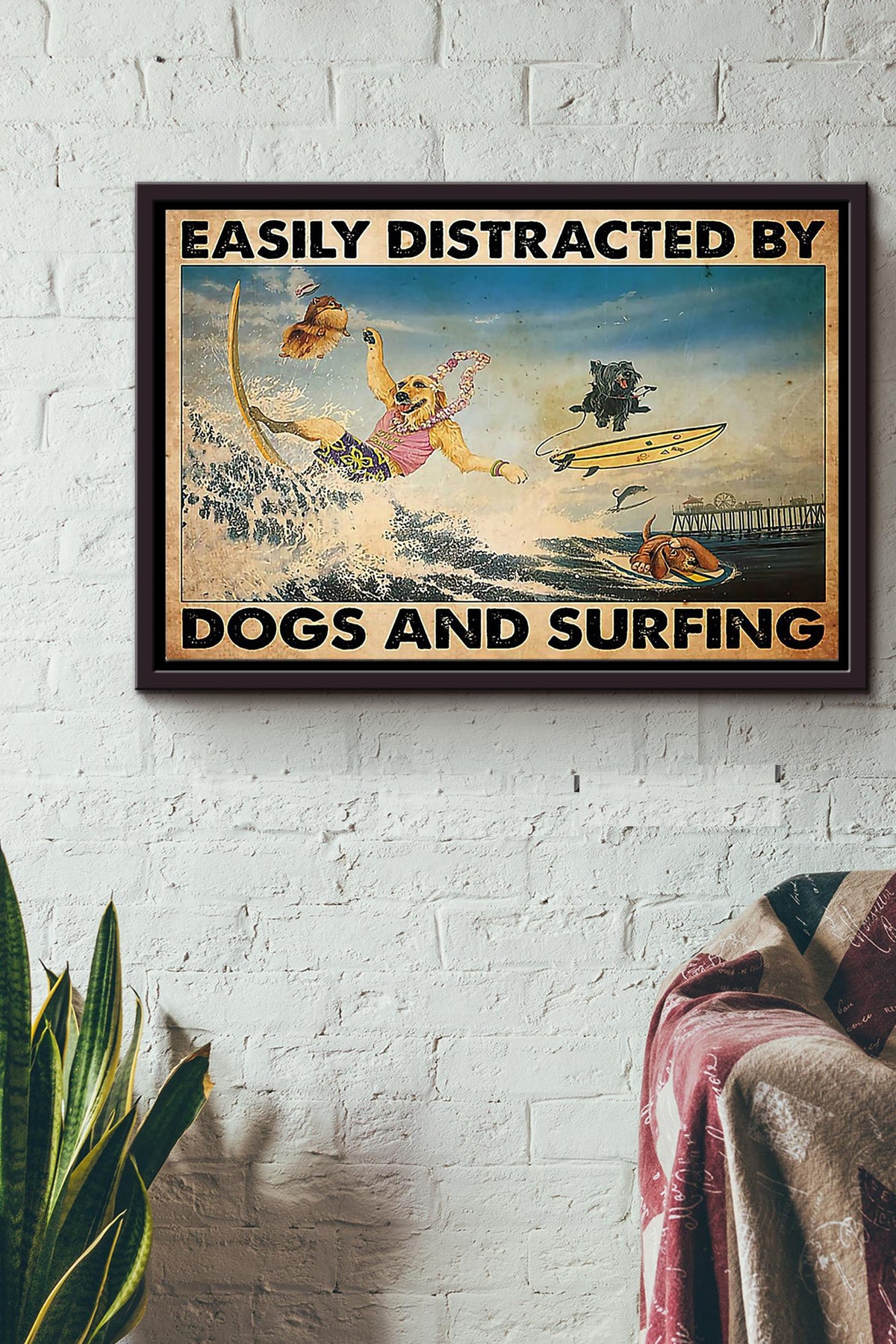 Easily Distracted By Dogs And Surfing n Framed Matte Canvas