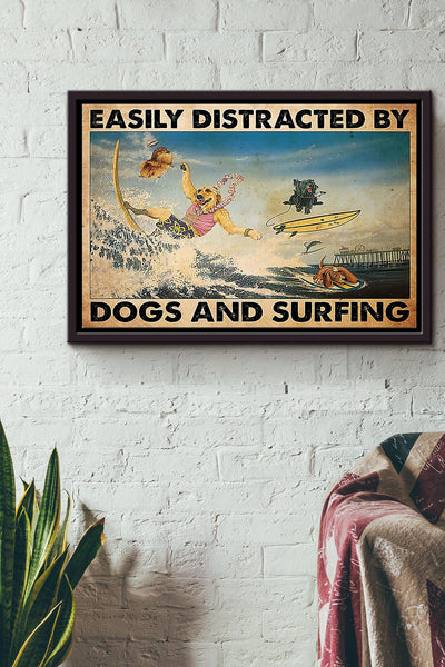 Easily Distracted By Dogs And Surfing n Framed Matte Canvas