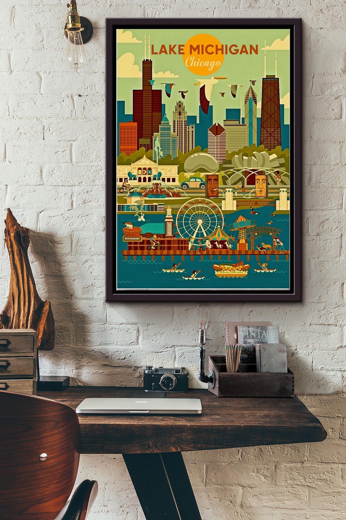 Lake Michigan In Chicago Poster - Travel Wall Art - Gift For American Tourist Souvenir Traveling Lover Framed Matte Canvas Framed Prints, Canvas