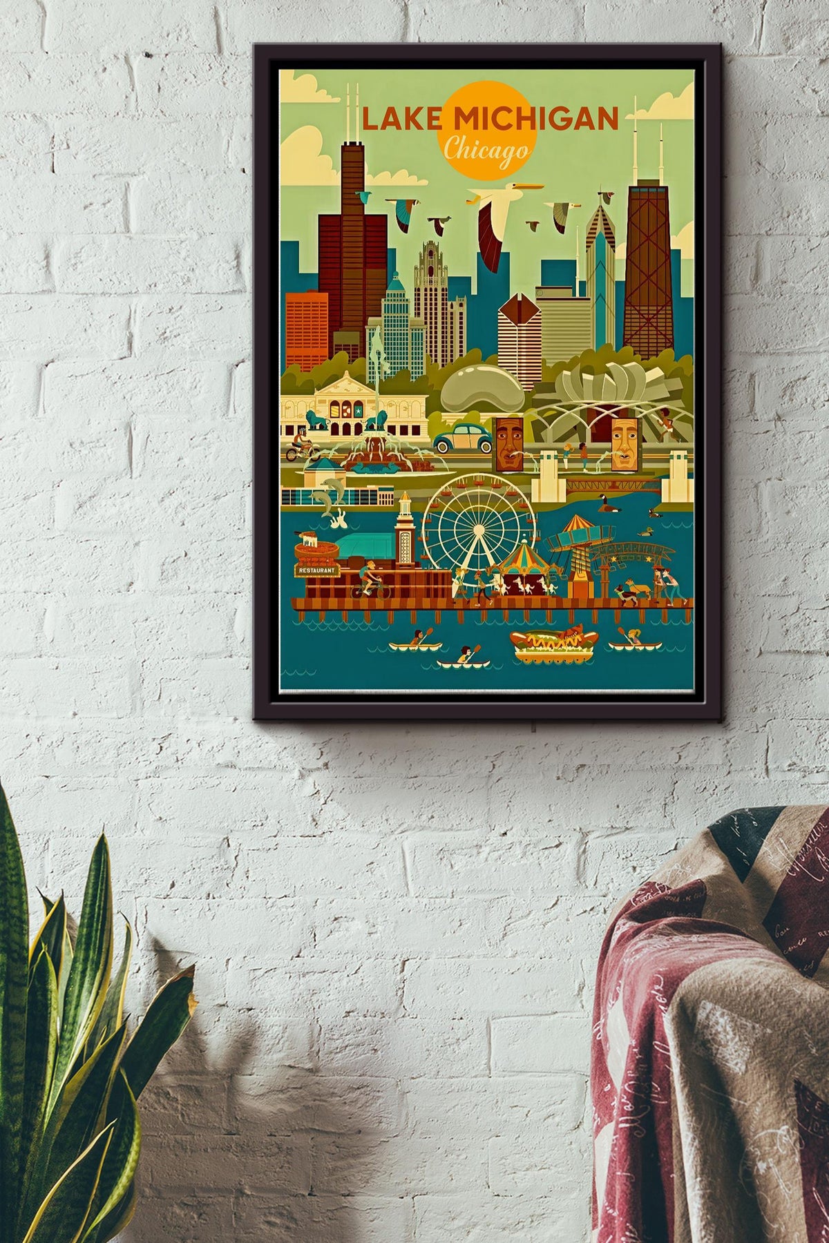 Lake Michigan In Chicago Poster - Travel Wall Art - Gift For American Tourist Souvenir Traveling Lover Framed Matte Canvas Framed Prints, Canvas